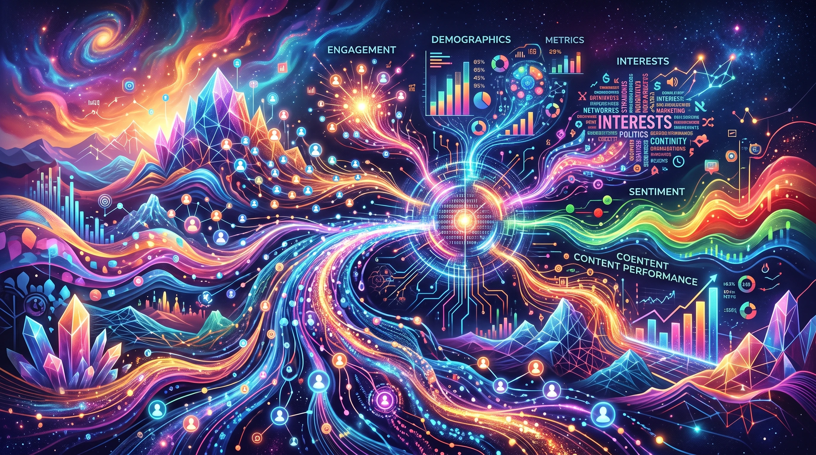 Colorful abstract AI landscape that suggests digital analysis and audience insight