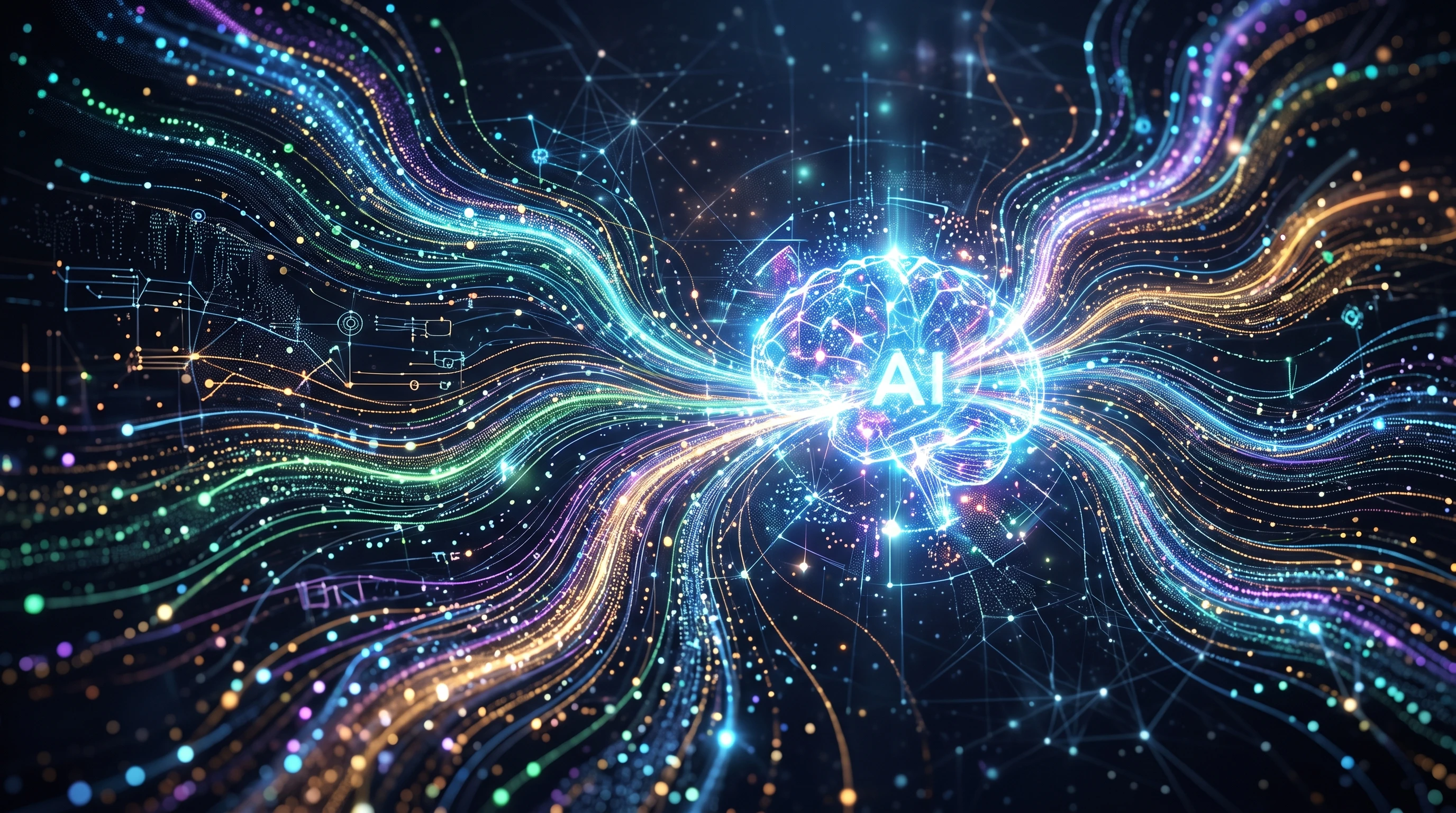 Abstract visualization of audience data flowing into an AI system