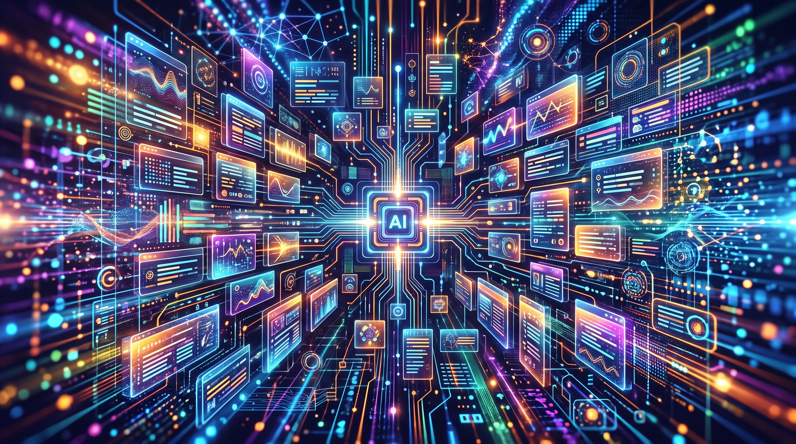 Abstract AI interface generating blog headlines and content snippets