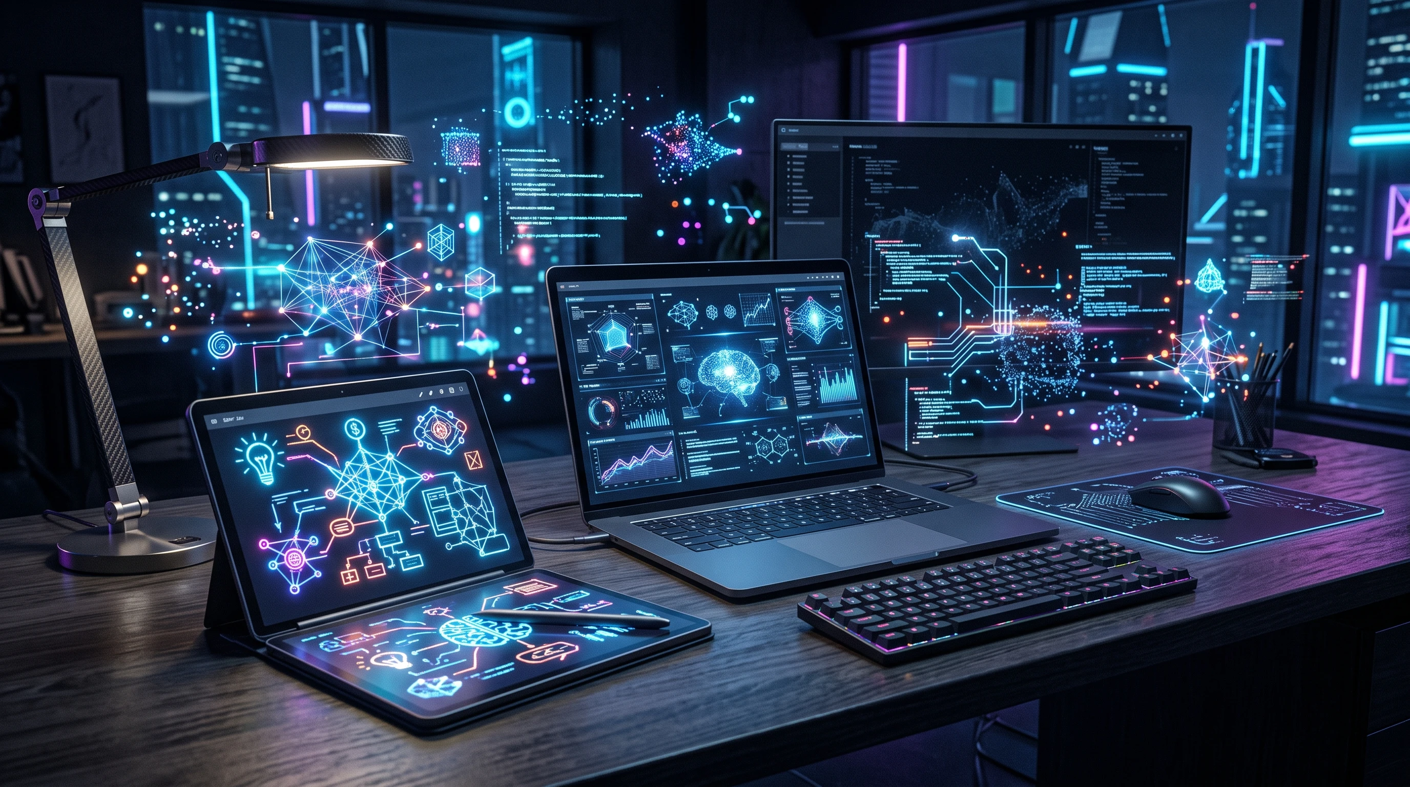 AI-powered notepad and computer on desk, surrounded by digital ideas