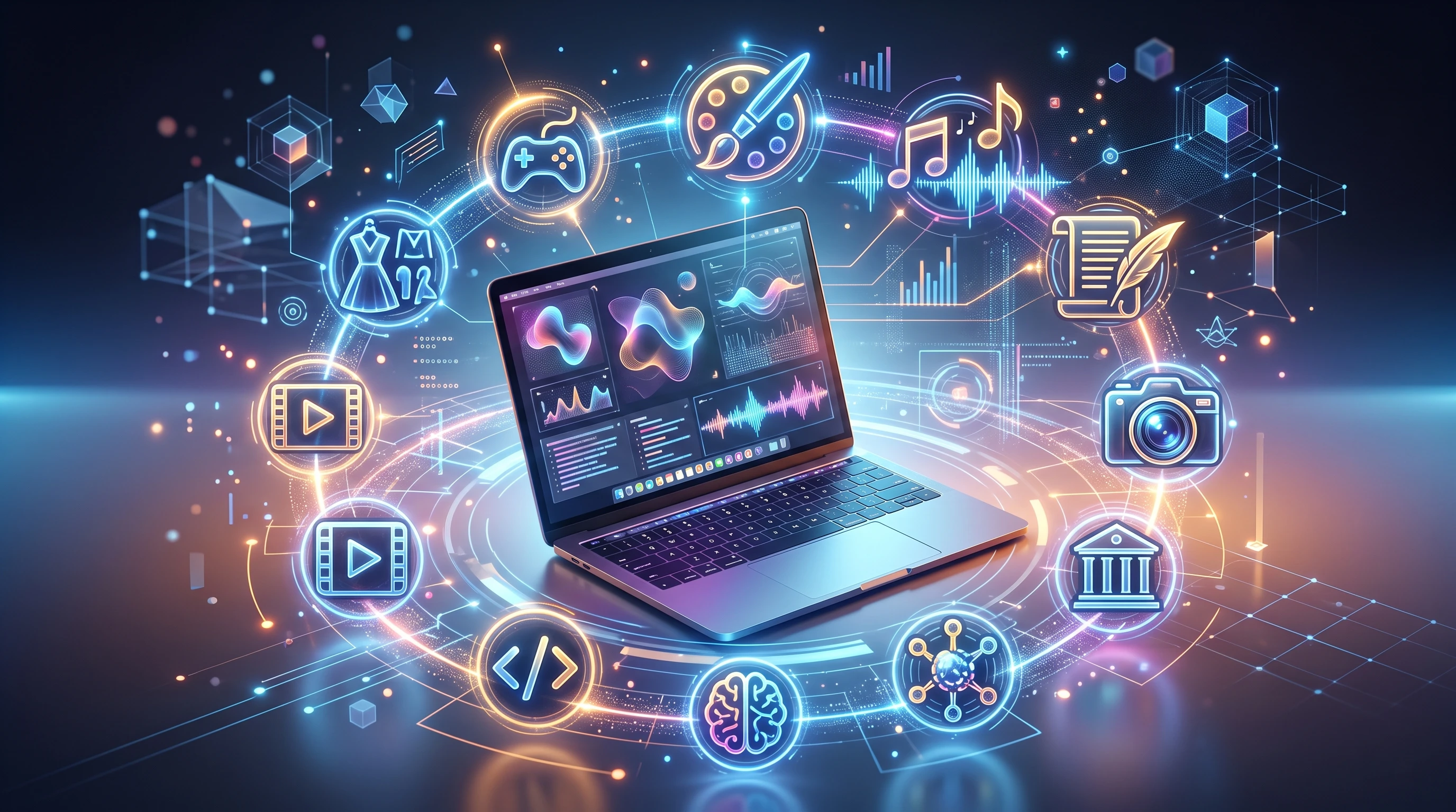 Digital representation of a laptop surrounded by creative AI-generated content icons