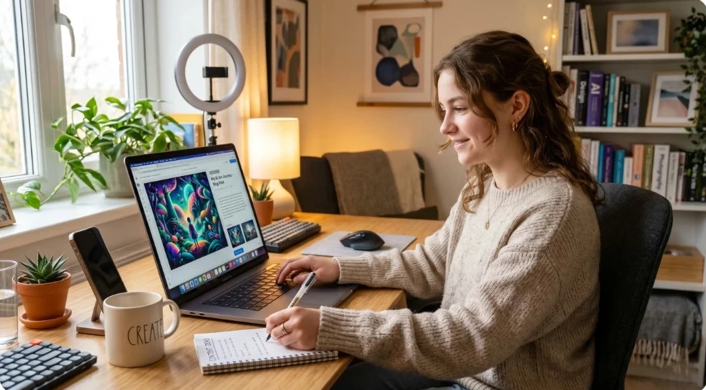 Blogger creating clickable blog content using AI images