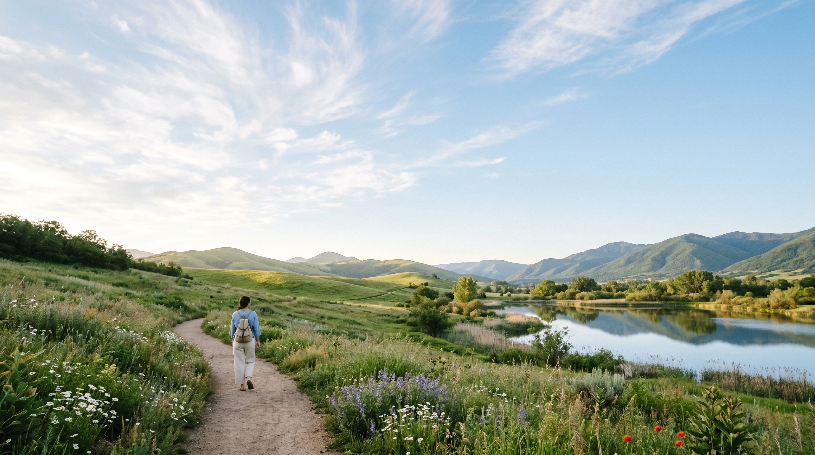 A peaceful landscape with soft natural elements and a clear sky, symbolizing mental clarity and wellness