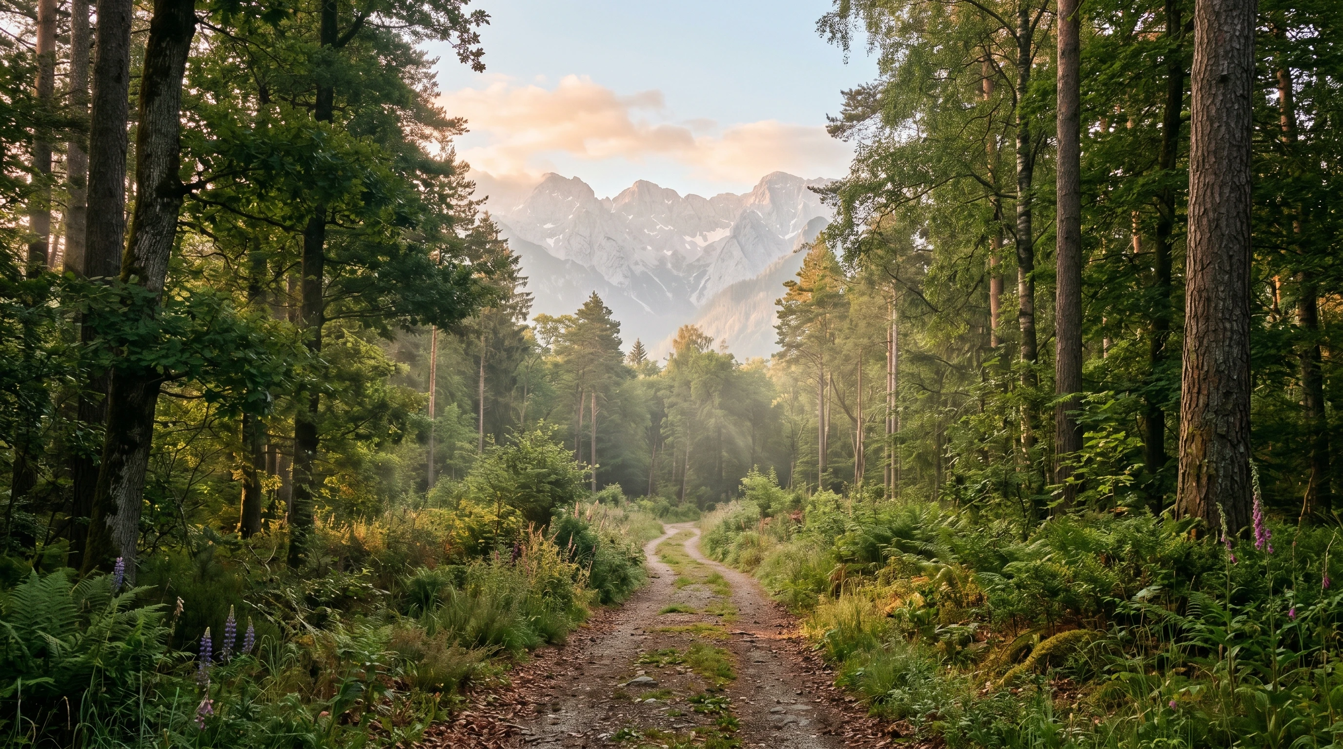 A serene path leading through a forest toward distant mountains, bathed in soft morning light