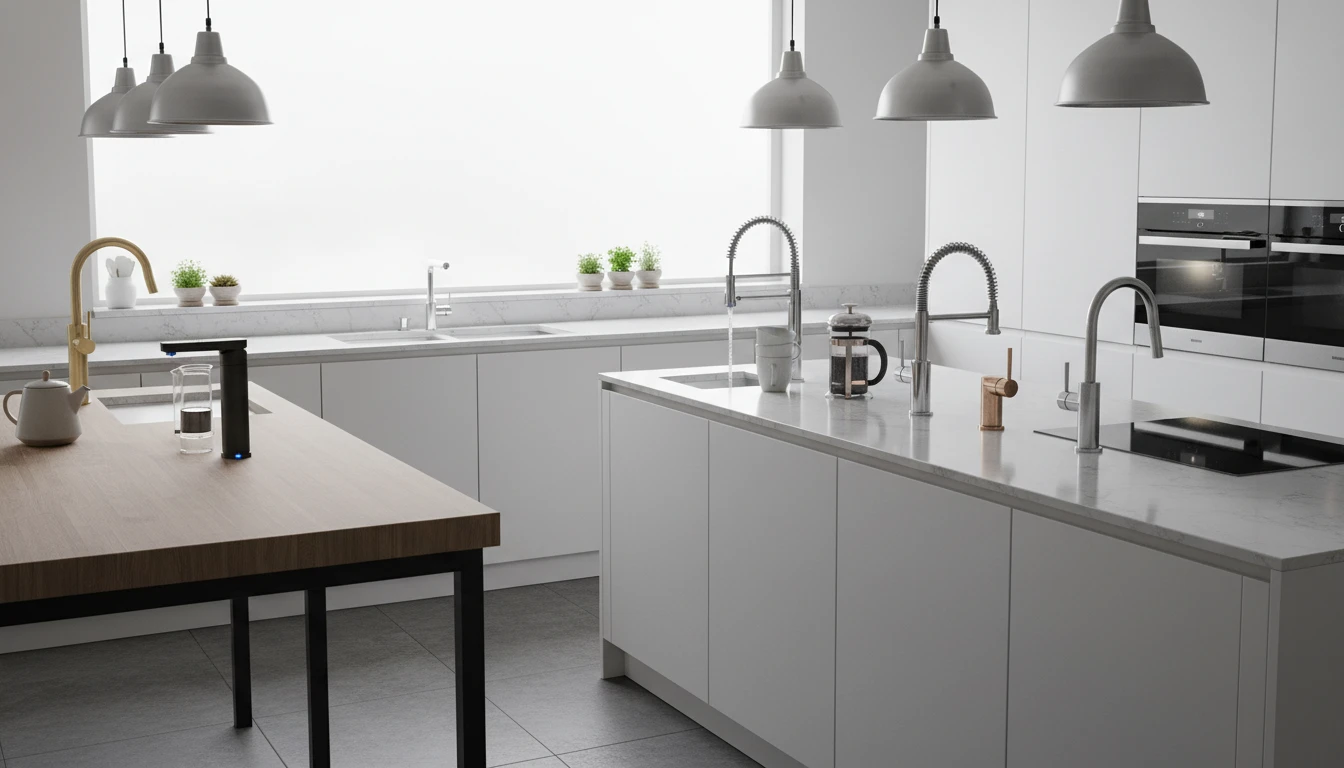 Different styles of instant hot water taps on kitchen counters
