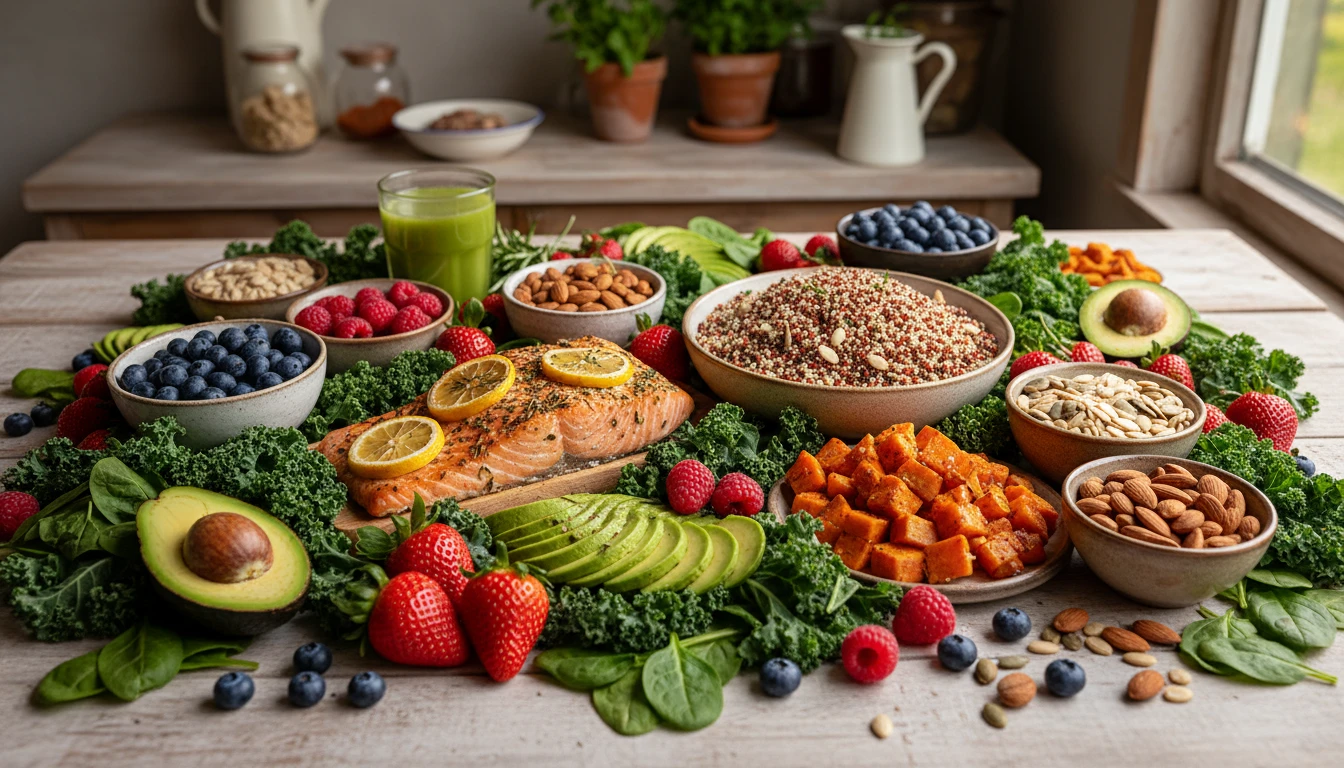 A vibrant spread of fresh superfoods, including berries, nuts, leafy greens, and chia seeds on a rustic wooden surface. Assorted colorful vegetables and fruits are artfully arranged around a bowl of nuts and seeds.