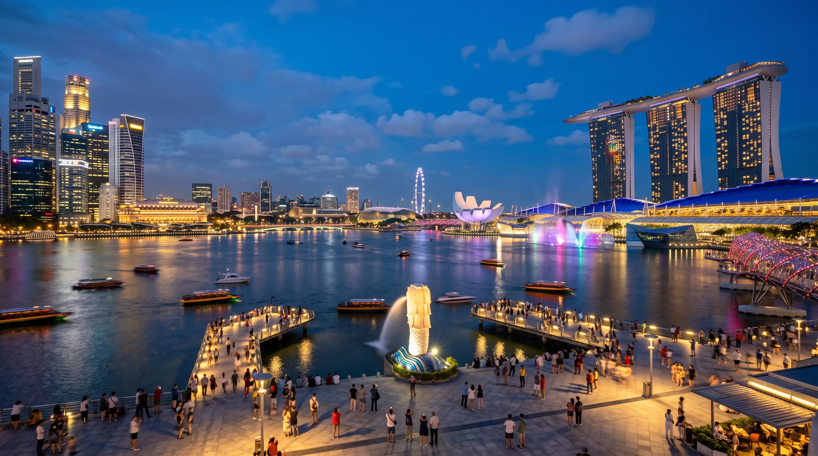 A lively evening shot of Singapore's Marina Bay skyline with city lights shimmering over the water and famous landmarks visible, emphasizing the city's vibrant culture and top attractions.