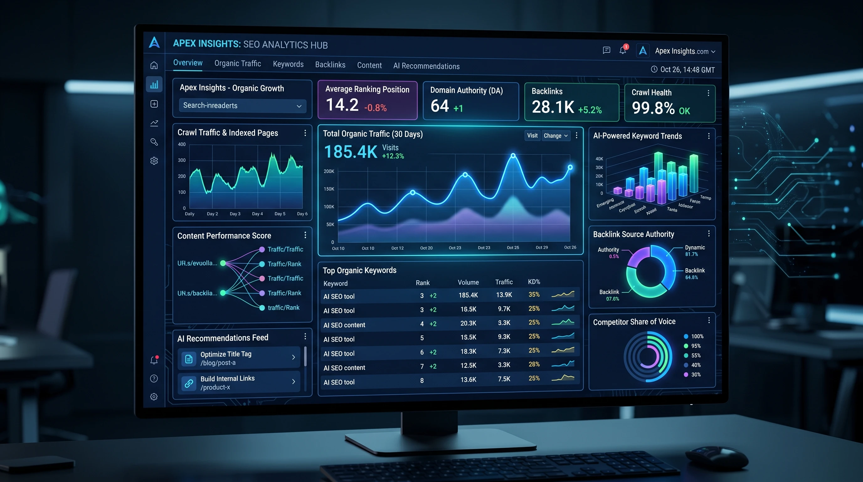 AI SEO tools dashboard with charts and analytics