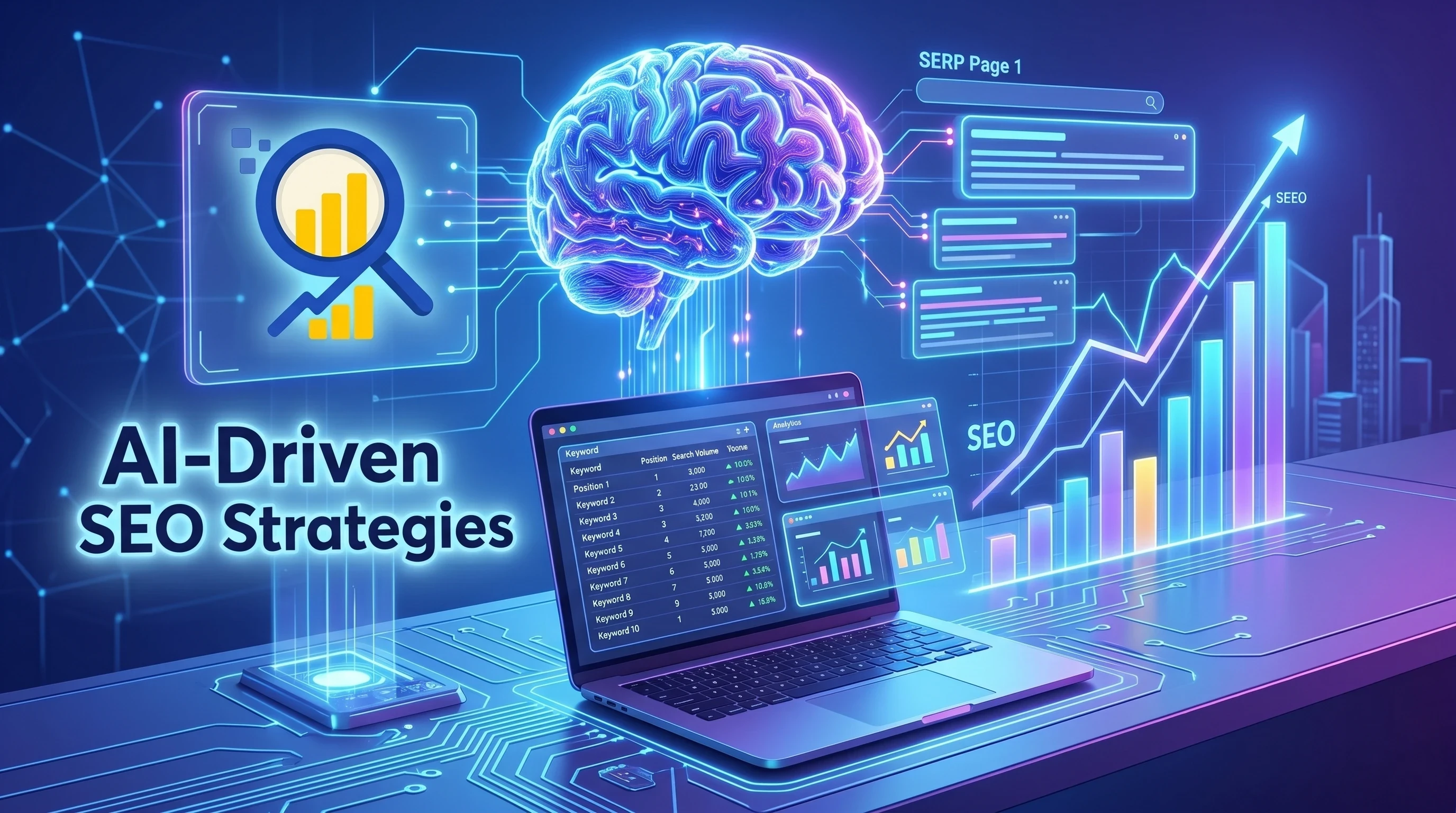 AI-driven SEO strategies dashboard with analytics and keyword rankings