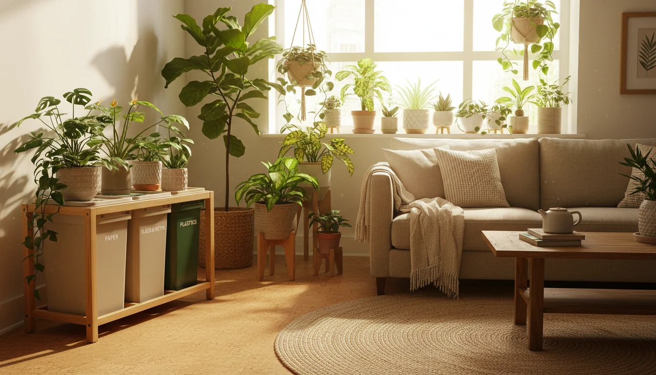 an eco-friendly home setup with recycling bins, plants, and sunlight pouring through the window