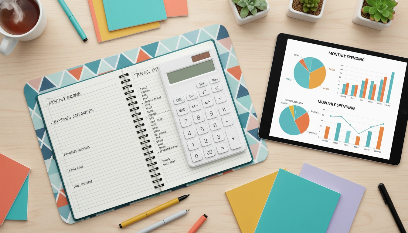 A colorful workspace with notepads, a calculator, and financial charts, symbolizing monthly budgeting tools and planning.