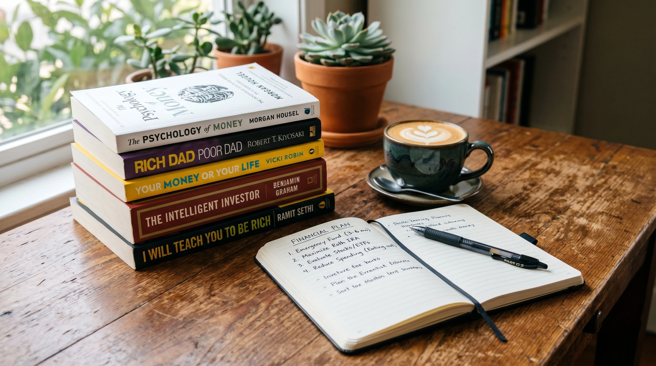 Stack of personal finance books and a notebook beside a cup of coffee on a wooden desk
