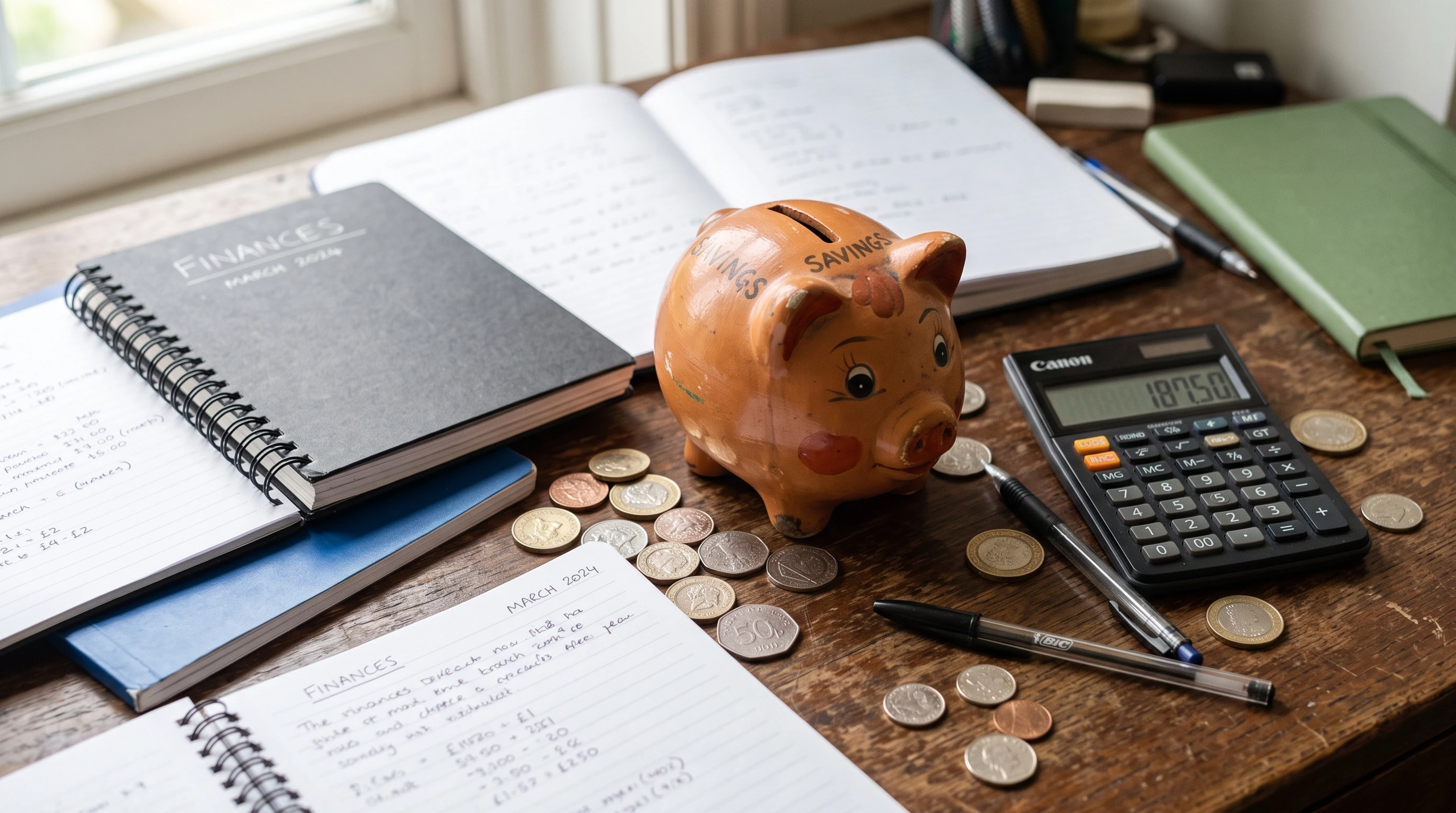 A piggy bank and scattered coins on a desk, surrounded by notebooks and calculators.