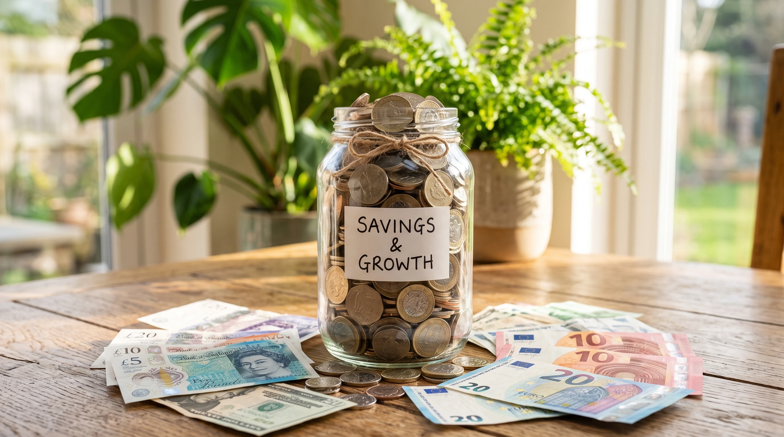 A glass jar filled with coins and surrounded by banknotes, sitting on a clean wooden table. The background features a blurred green plant and soft sunlight, representing the concept of saving money and growth.