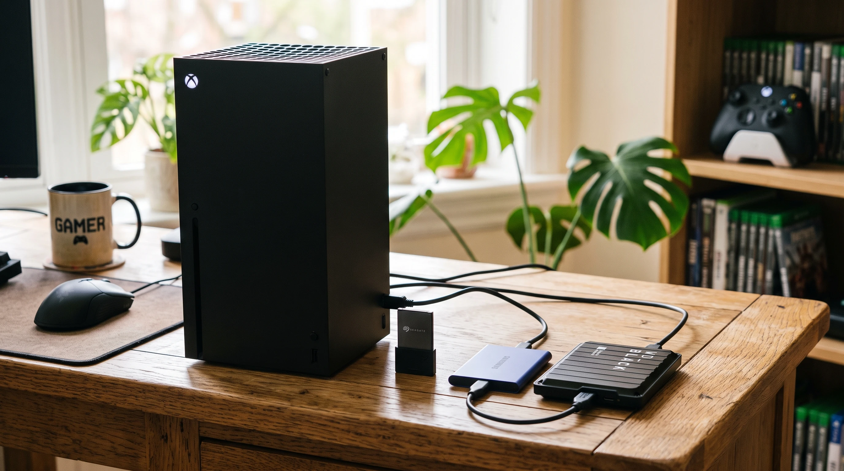External storage devices next to an Xbox Series X
