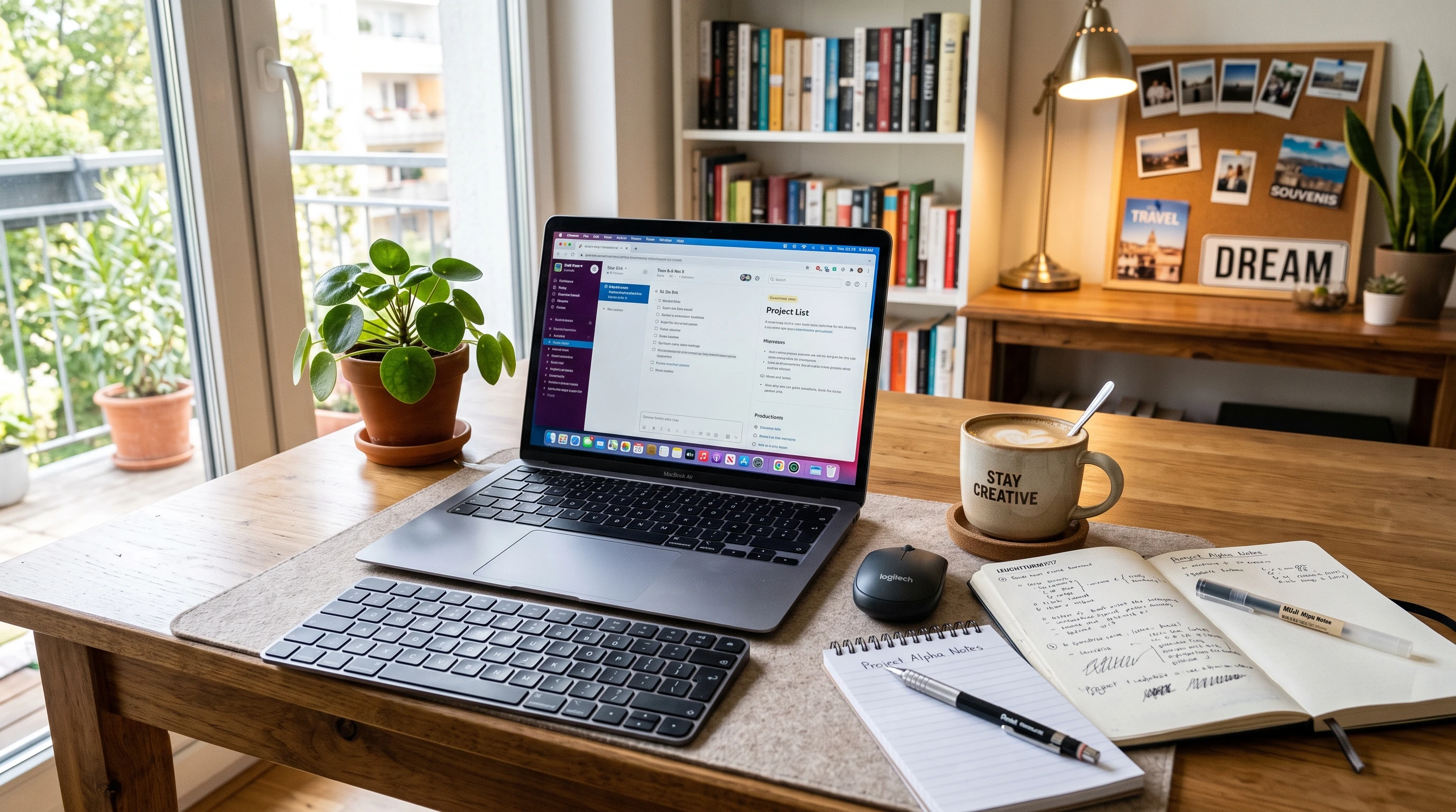 A laptop on a desk surrounded by notepads, a cup of coffee, and a plant. Bright and inviting home office workspace.