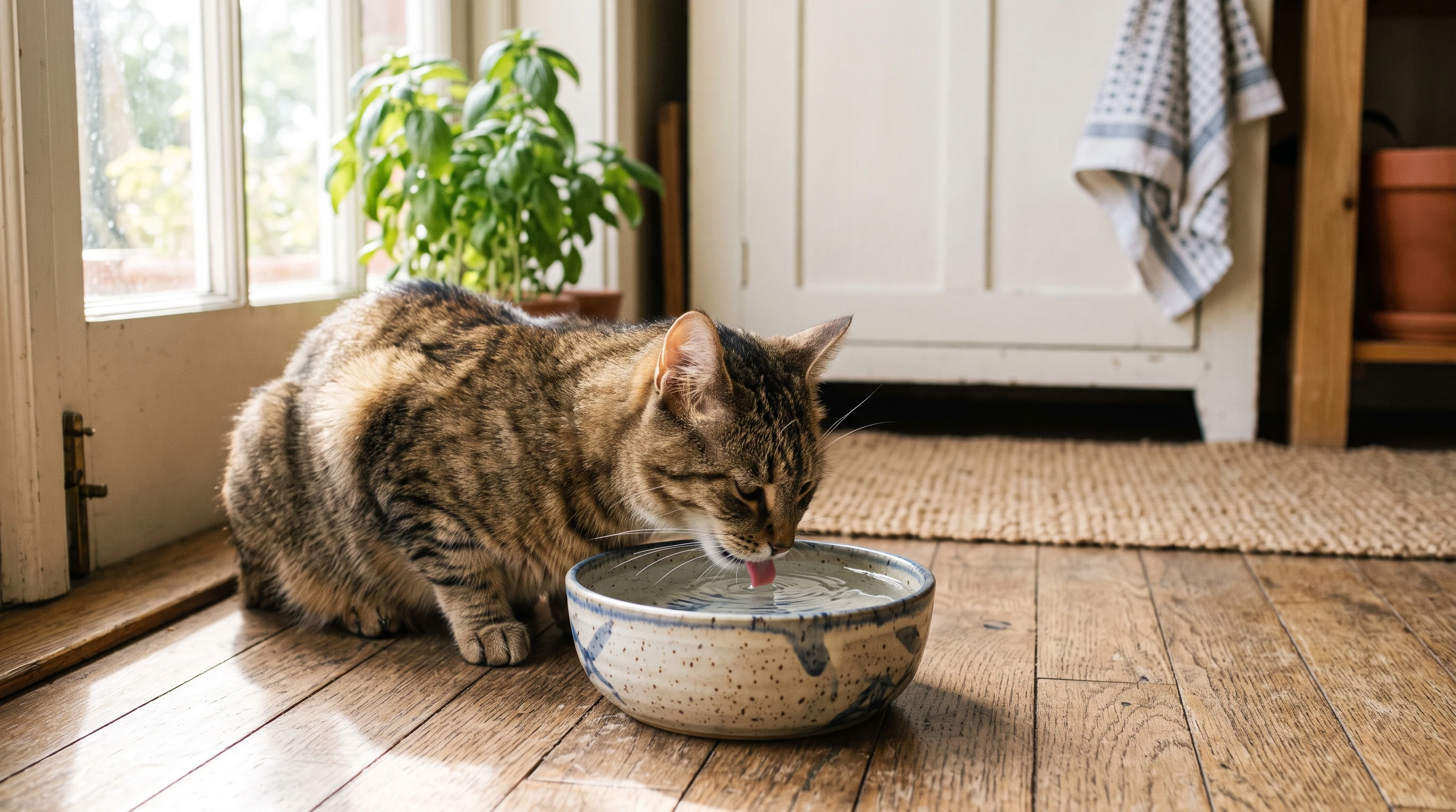A peaceful domestic cat drinking water from a ceramic bowl in a sunlit kitchen
