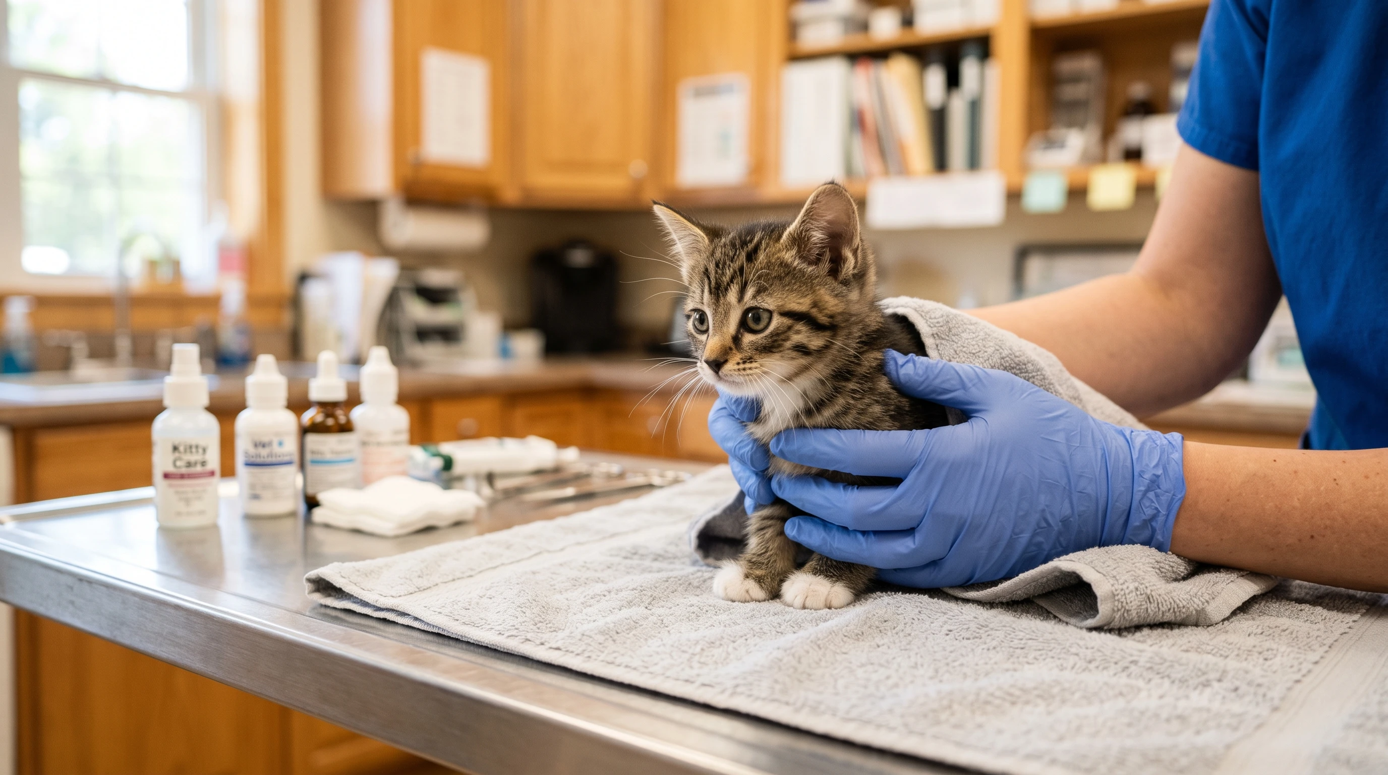 a veterinarian gently holding a young kitten on a table in a well-lit clinic