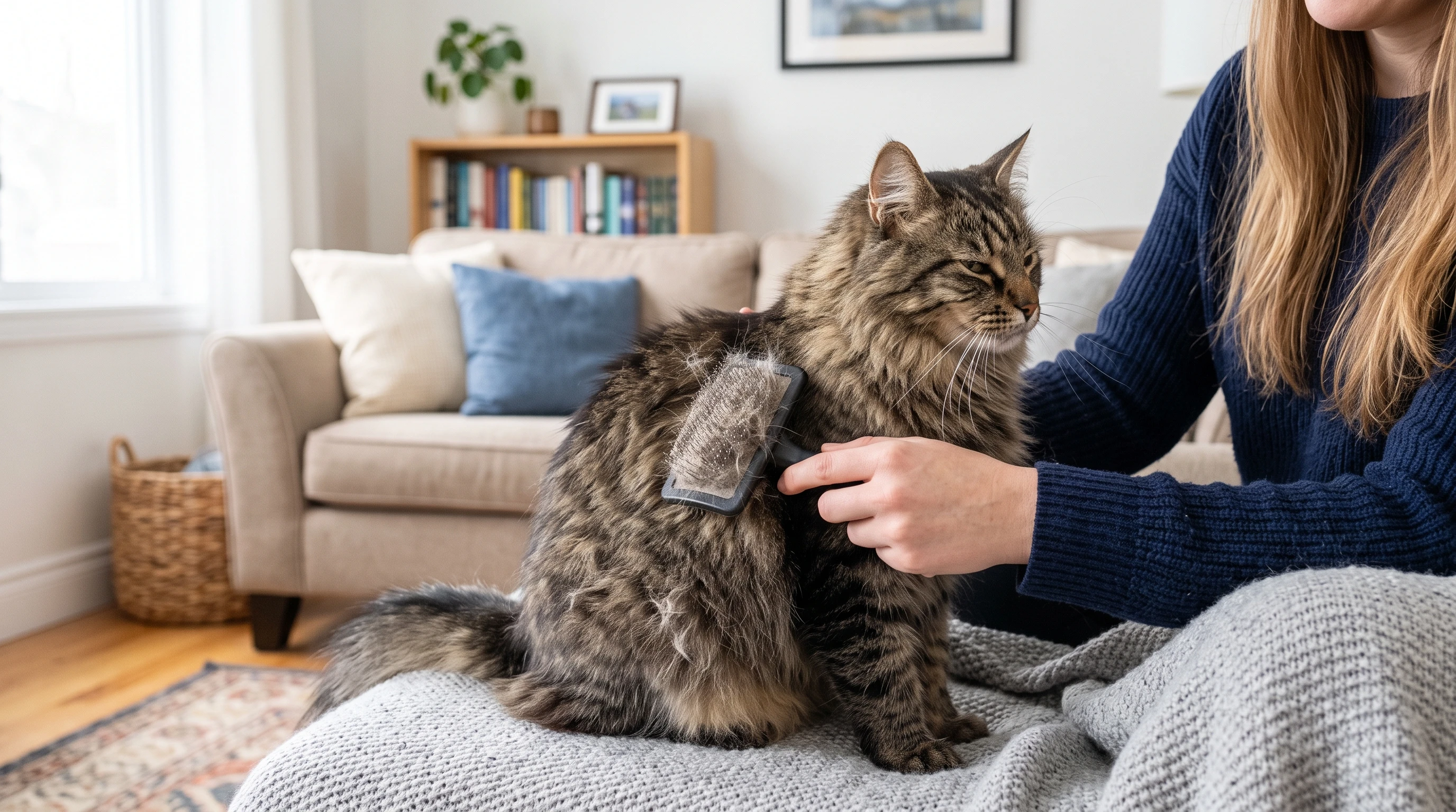 A long-haired tabby cat being gently brushed, with loose fur visible on the brush and cat. A clean living room background.