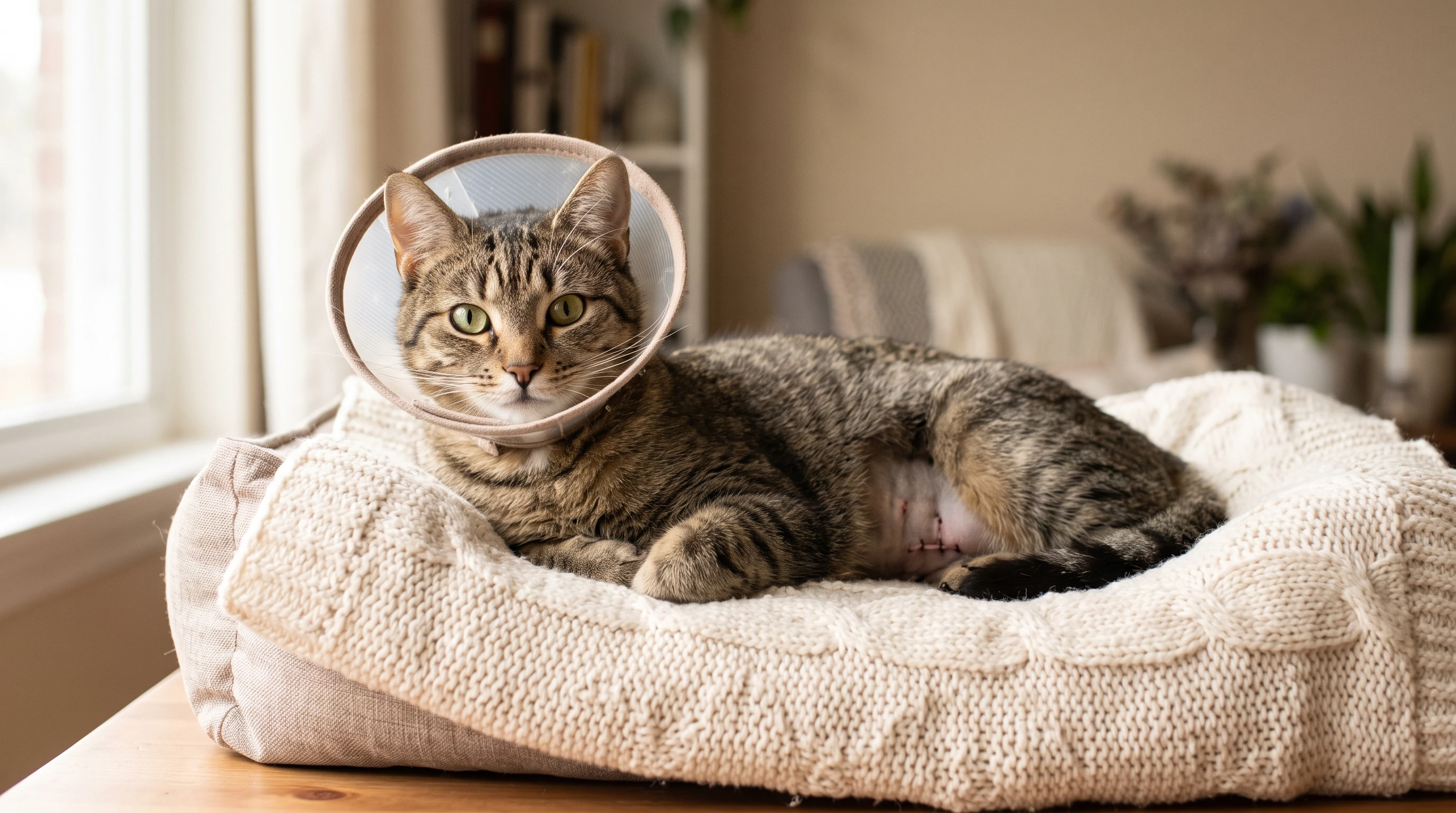 A calm, alert female cat indoors after spay surgery, looking content on a blanket with soft natural lighting and a neutral background.