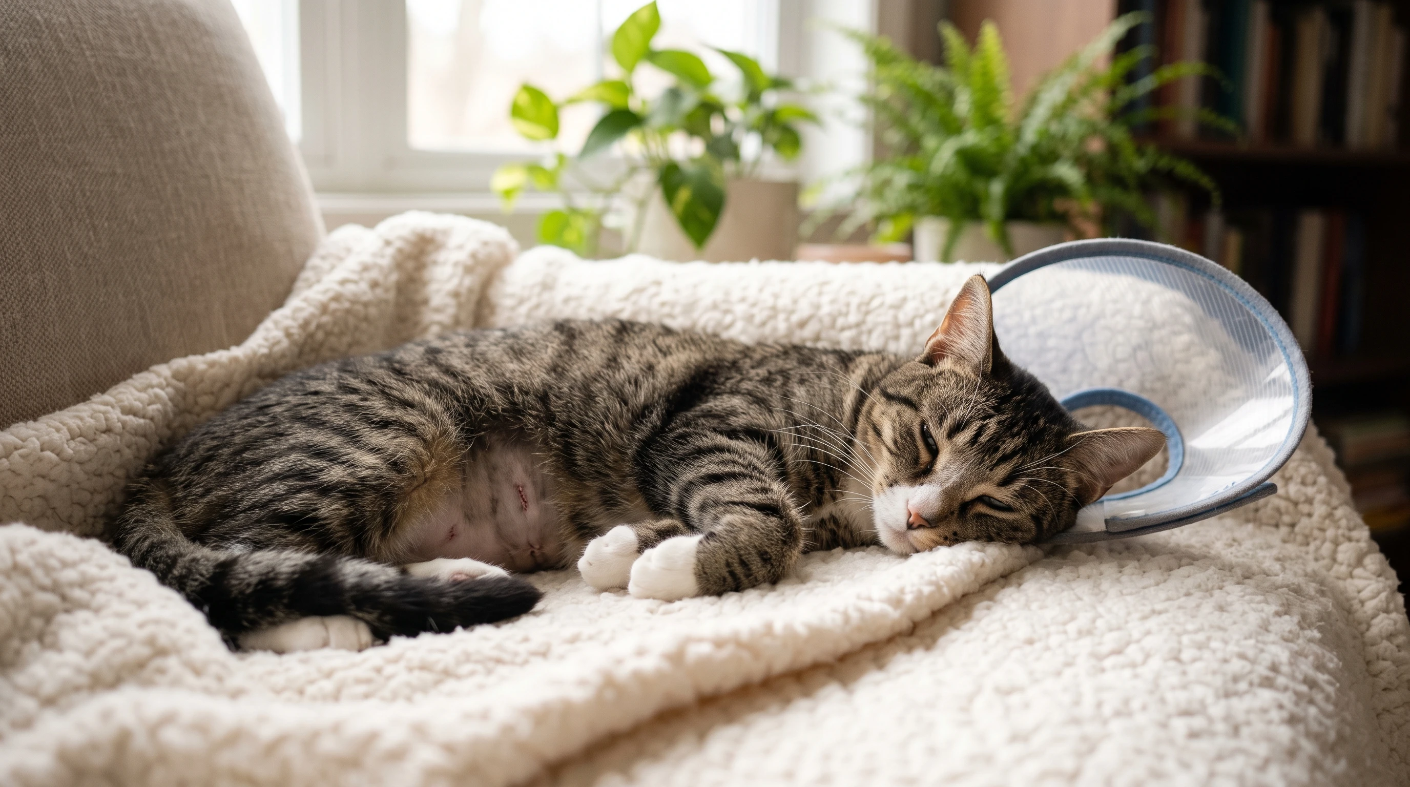 A calm, sleepy spayed cat resting on a soft blanket with a recovery collar nearby.