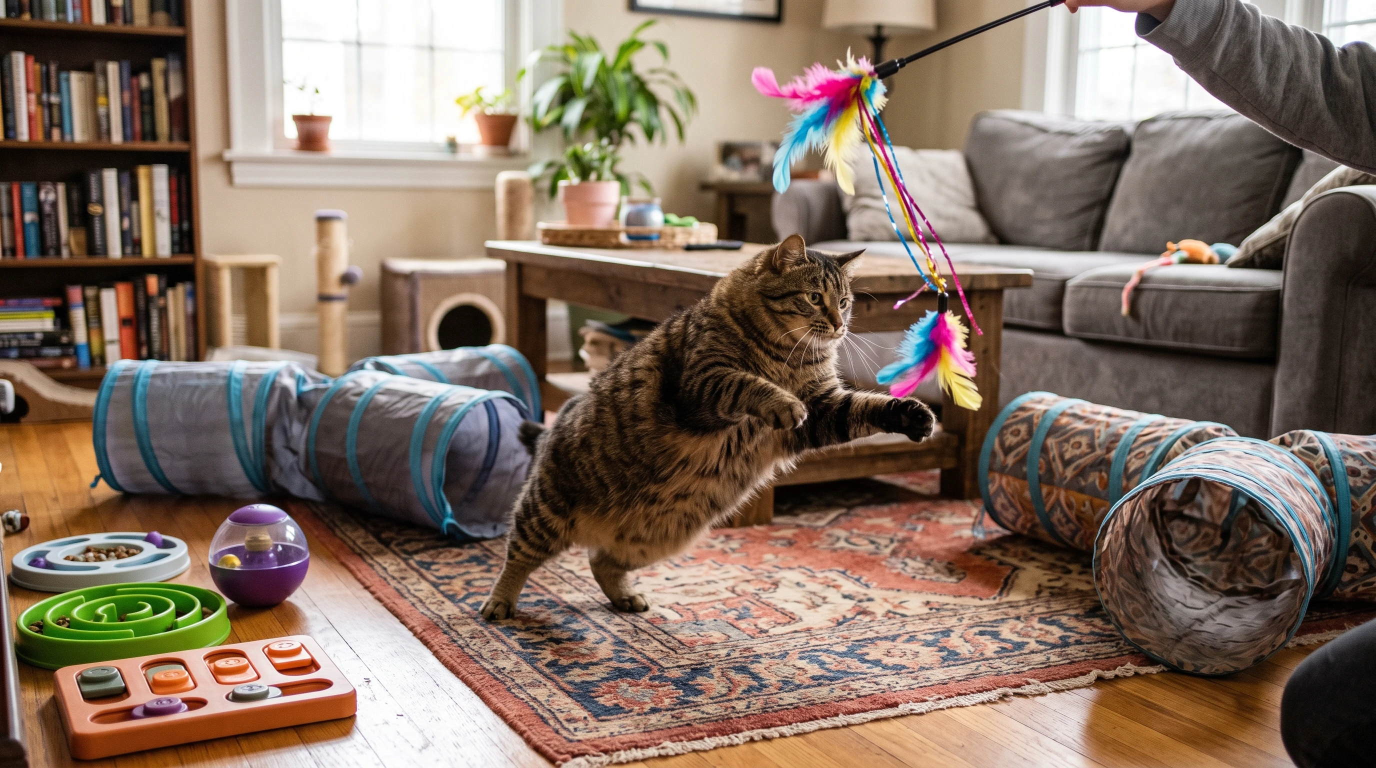 Indoor cat playing with wand toy