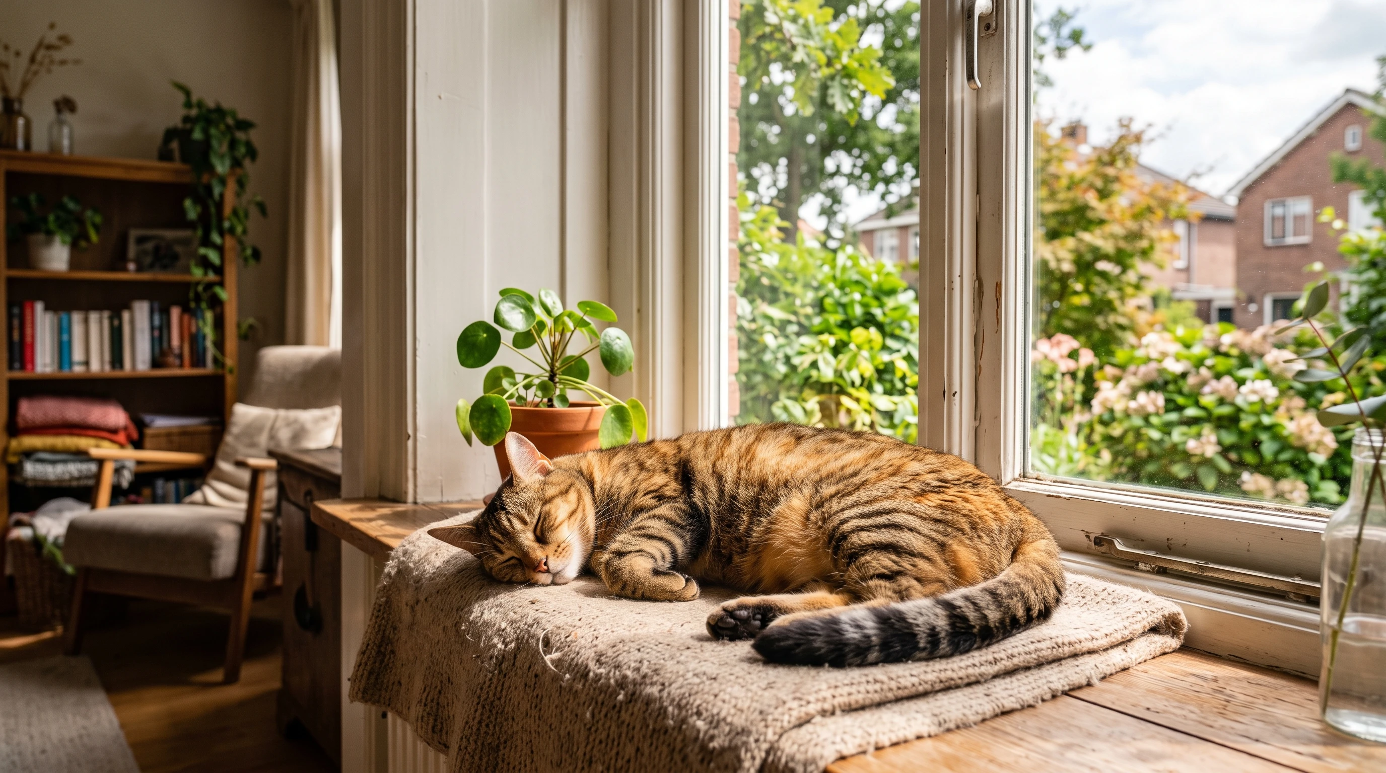 Indoor cat resting on a windowsill with sunlight streaming in, suggesting a calm, healthy environment.