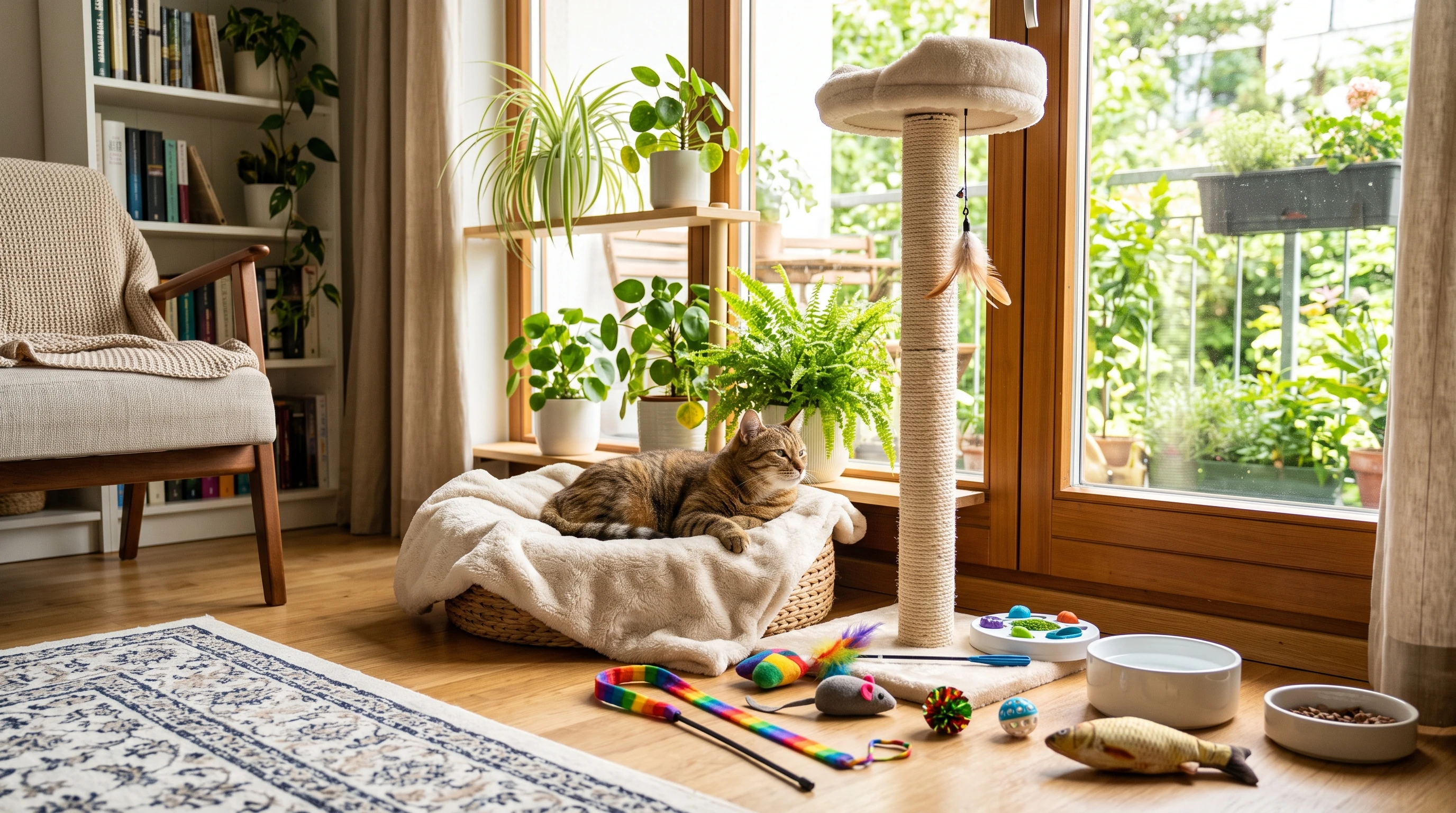 A healthy indoor cat lounging near a sunny window surrounded by cat toys, water bowl, and scratching post. A clean and enriching home environment with safe plants and cozy spots.