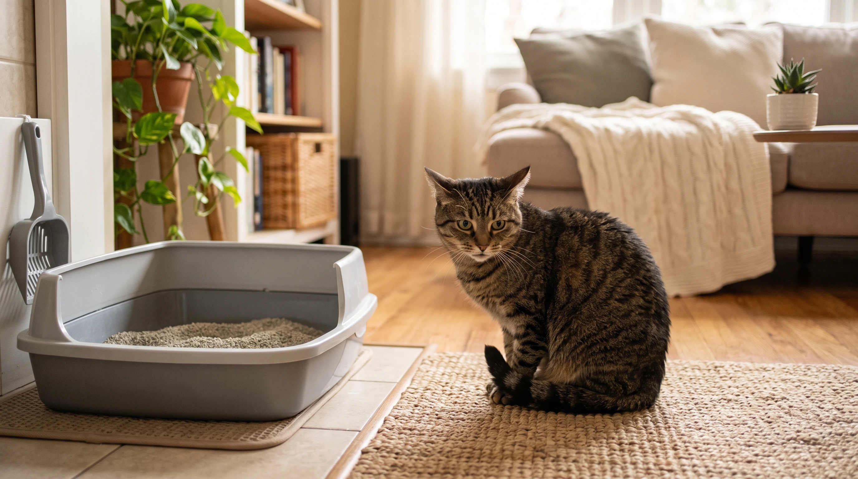 Cat looking uncomfortable near a litter box