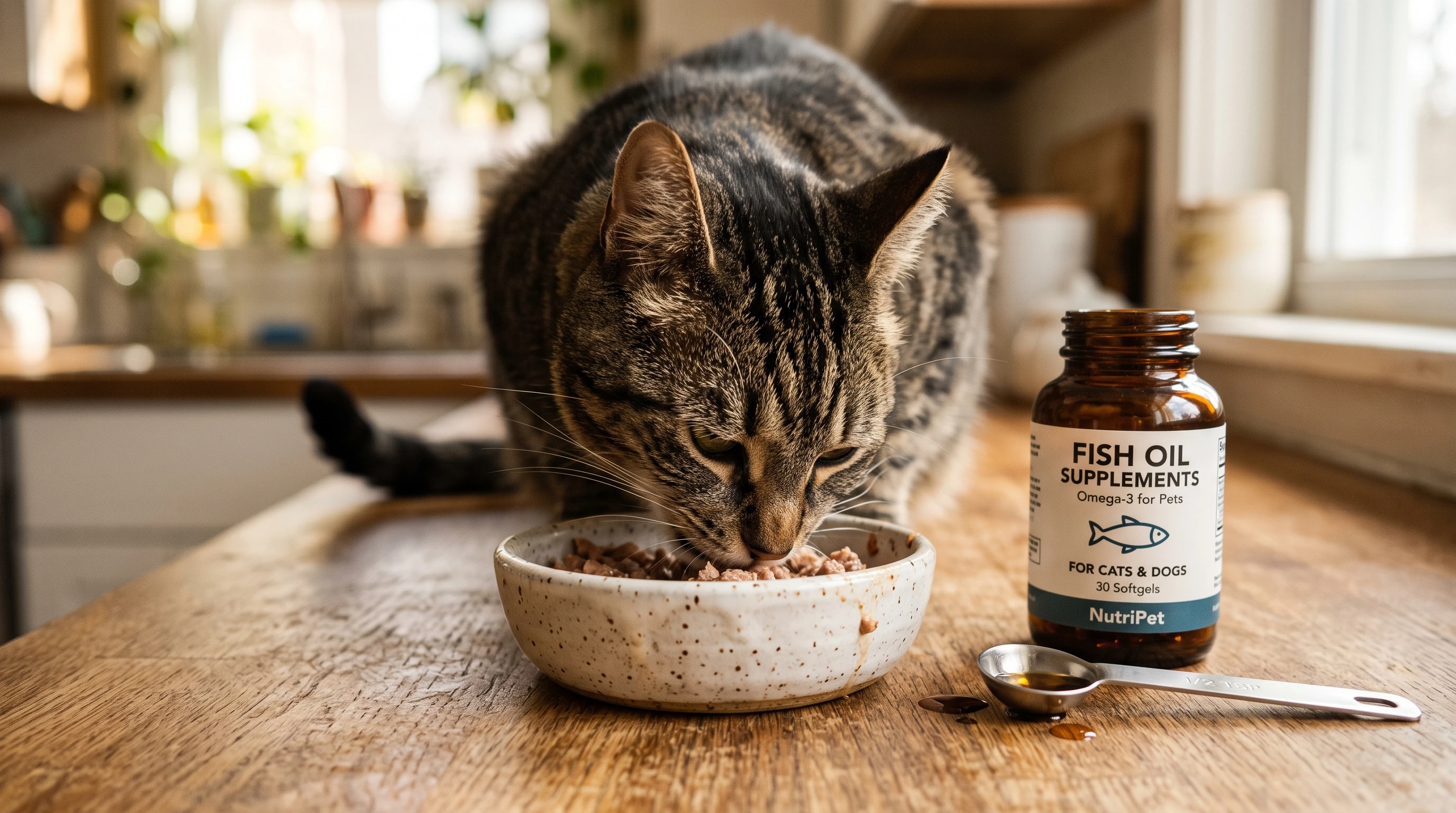Closeup of a cat eating from a bowl with a bottle of fish oil supplement nearby