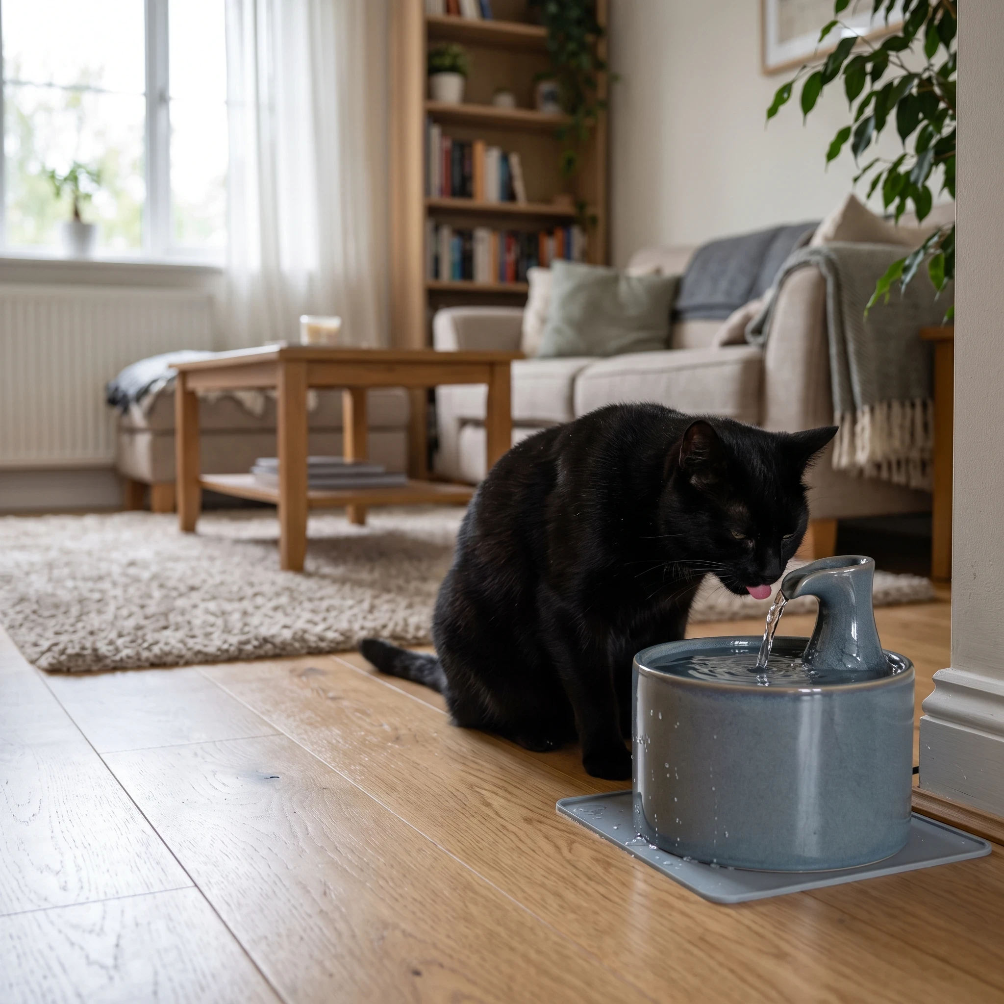 black cat drinking from a water fountain