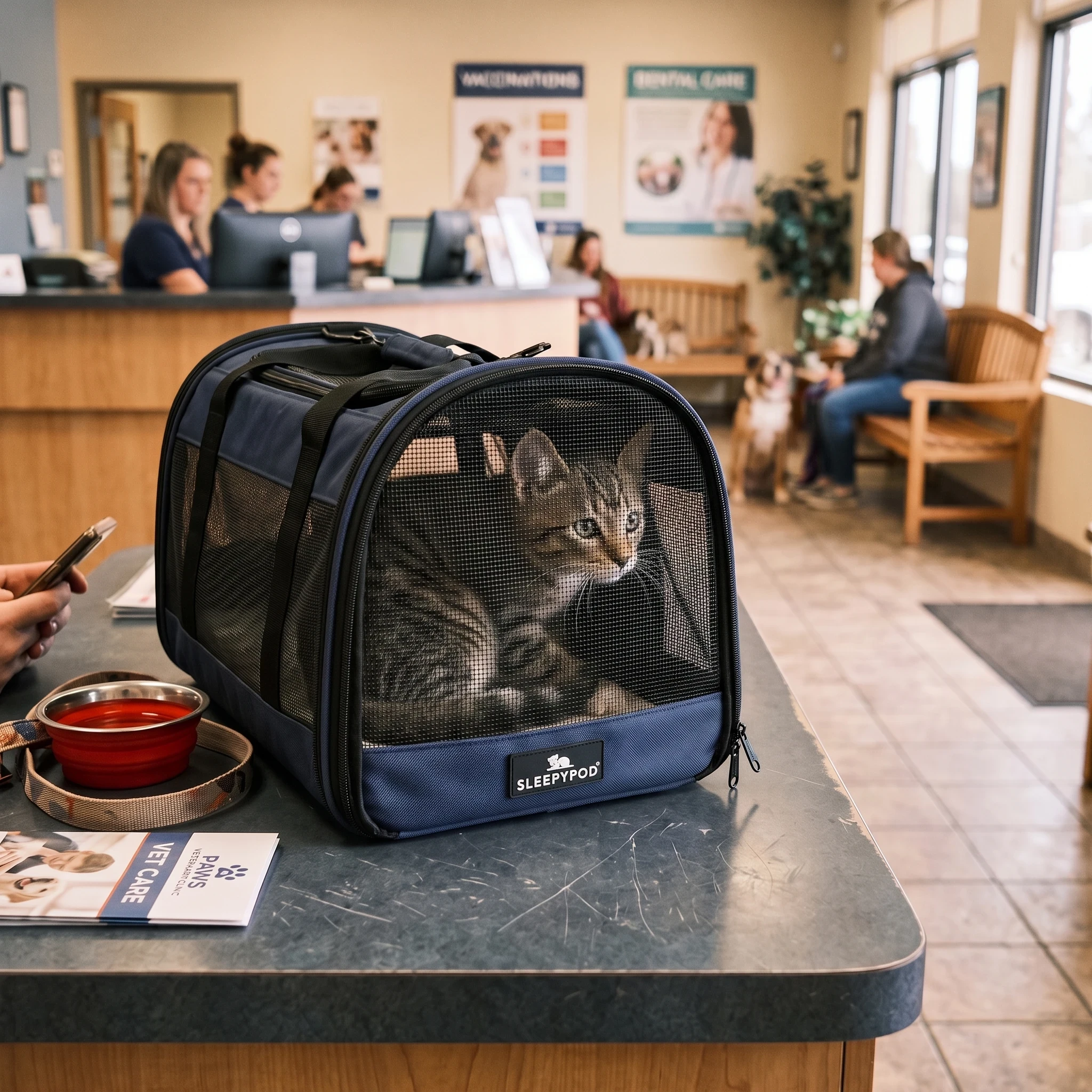 Cat inside carrier waiting at the vet clinic