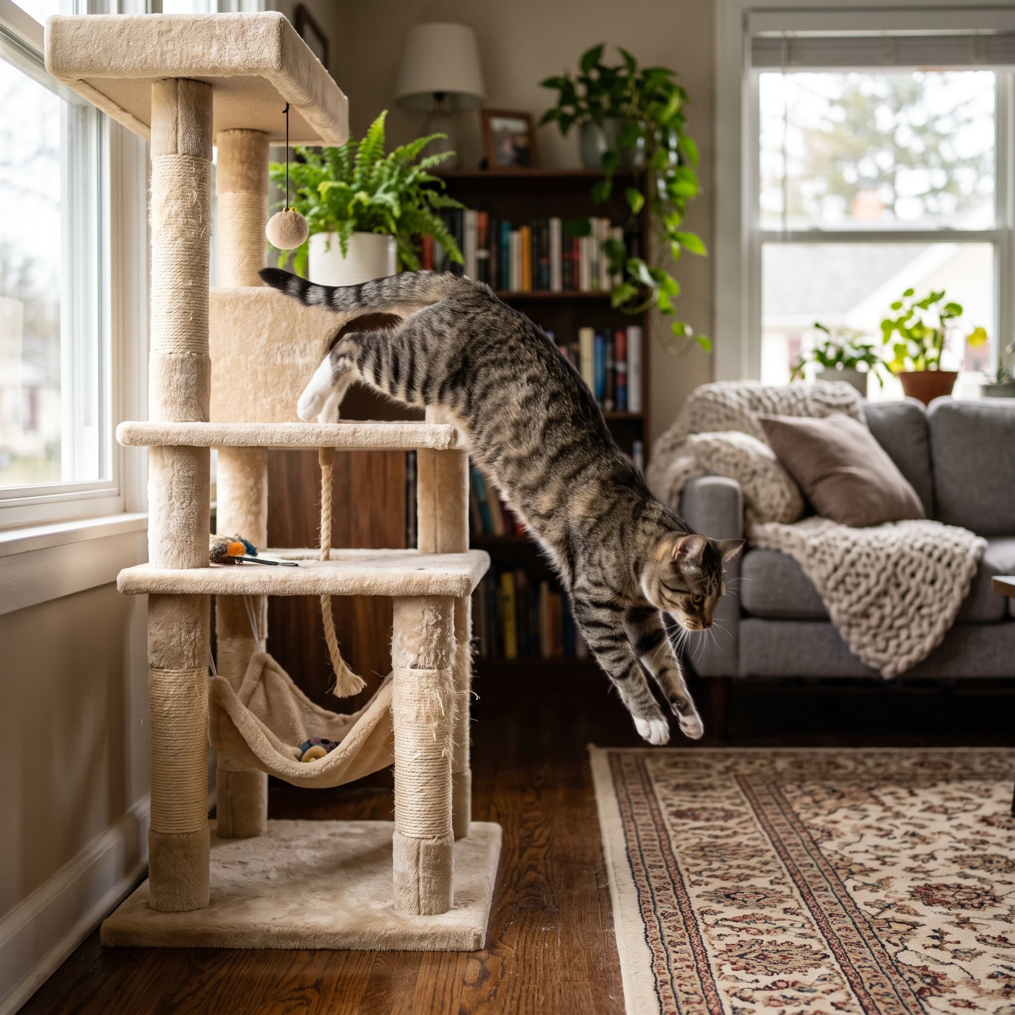 cat jumping down from a cat tower