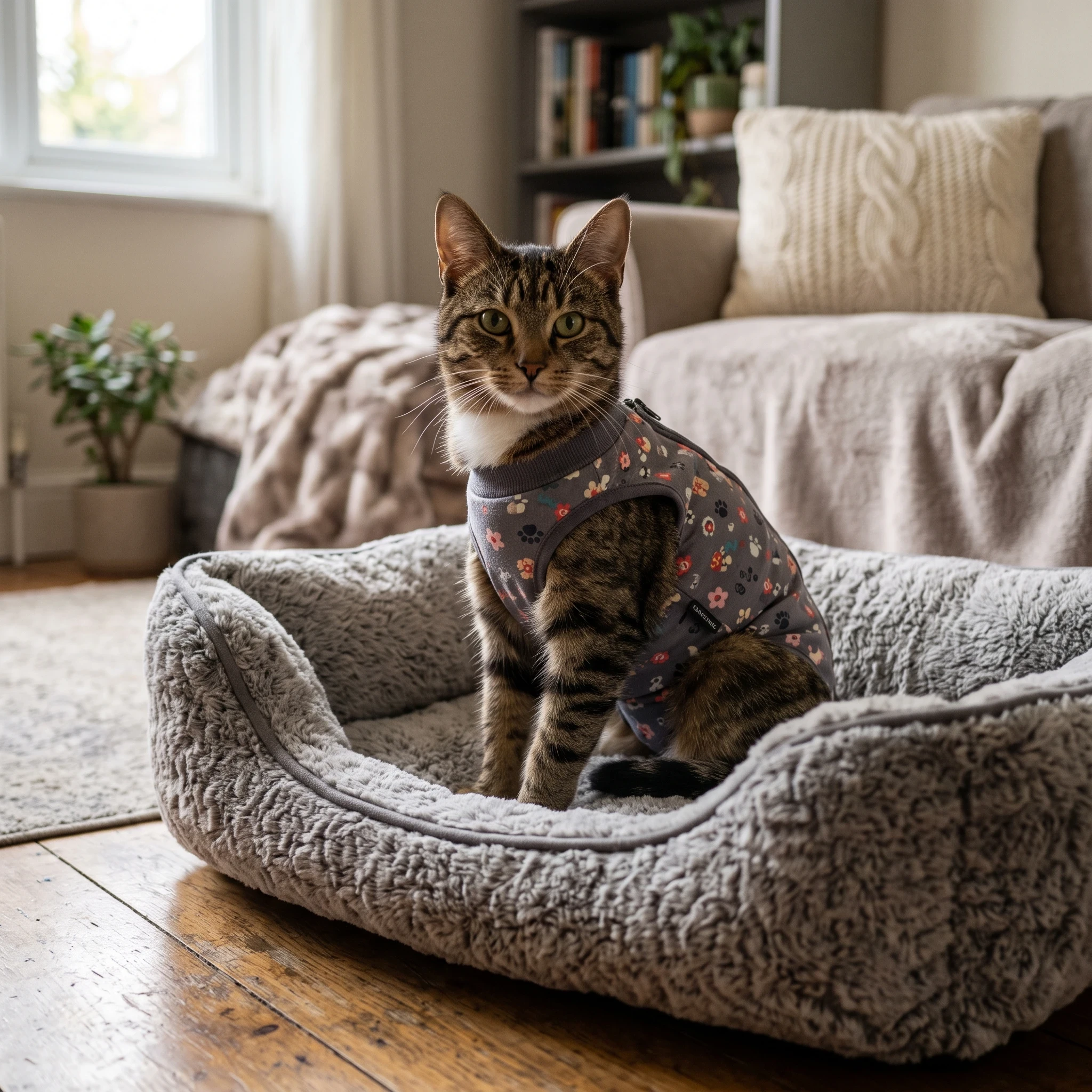cat wearing recovery suit after spay