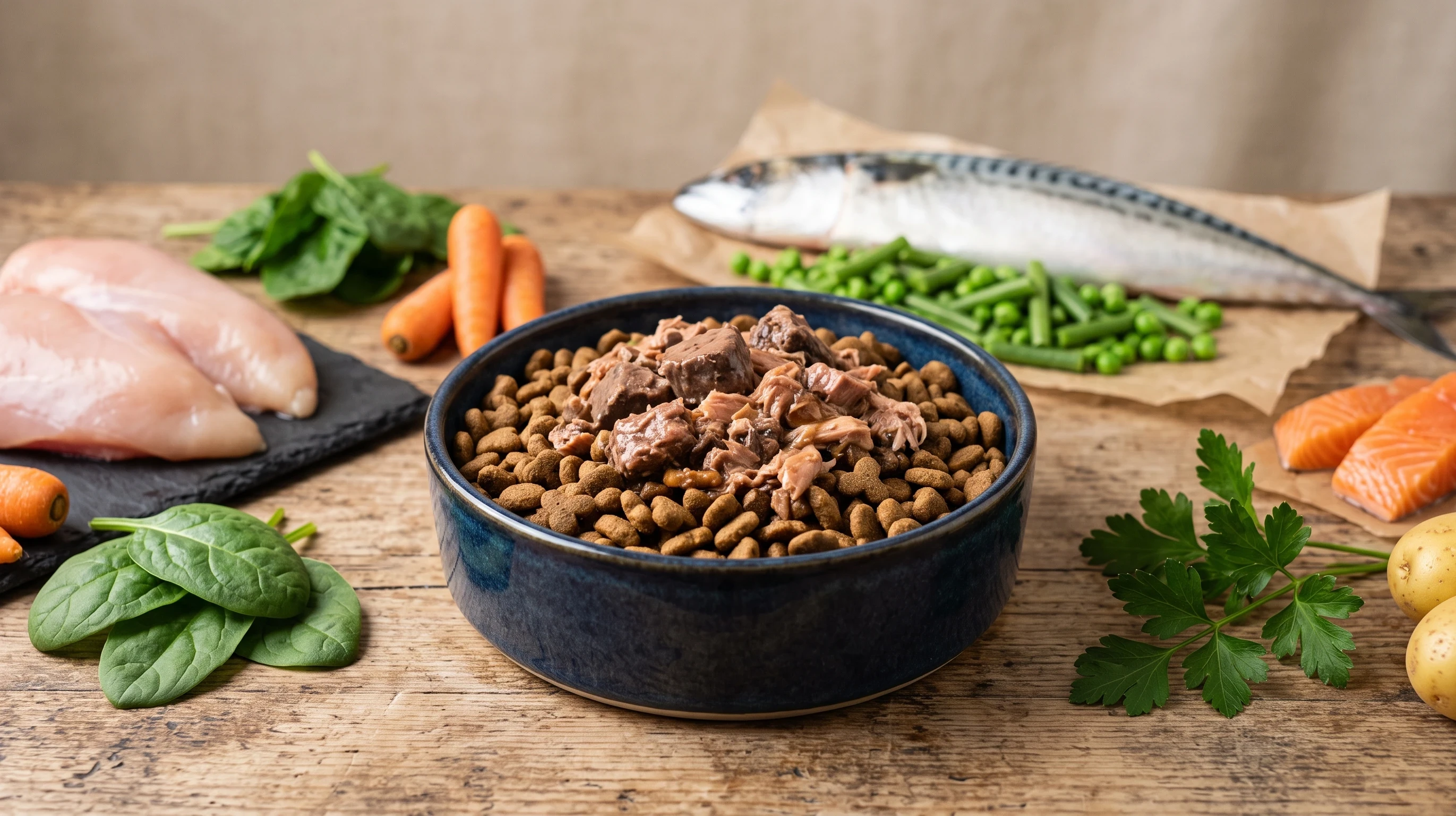 a bowl of mixed wet and dry cat food