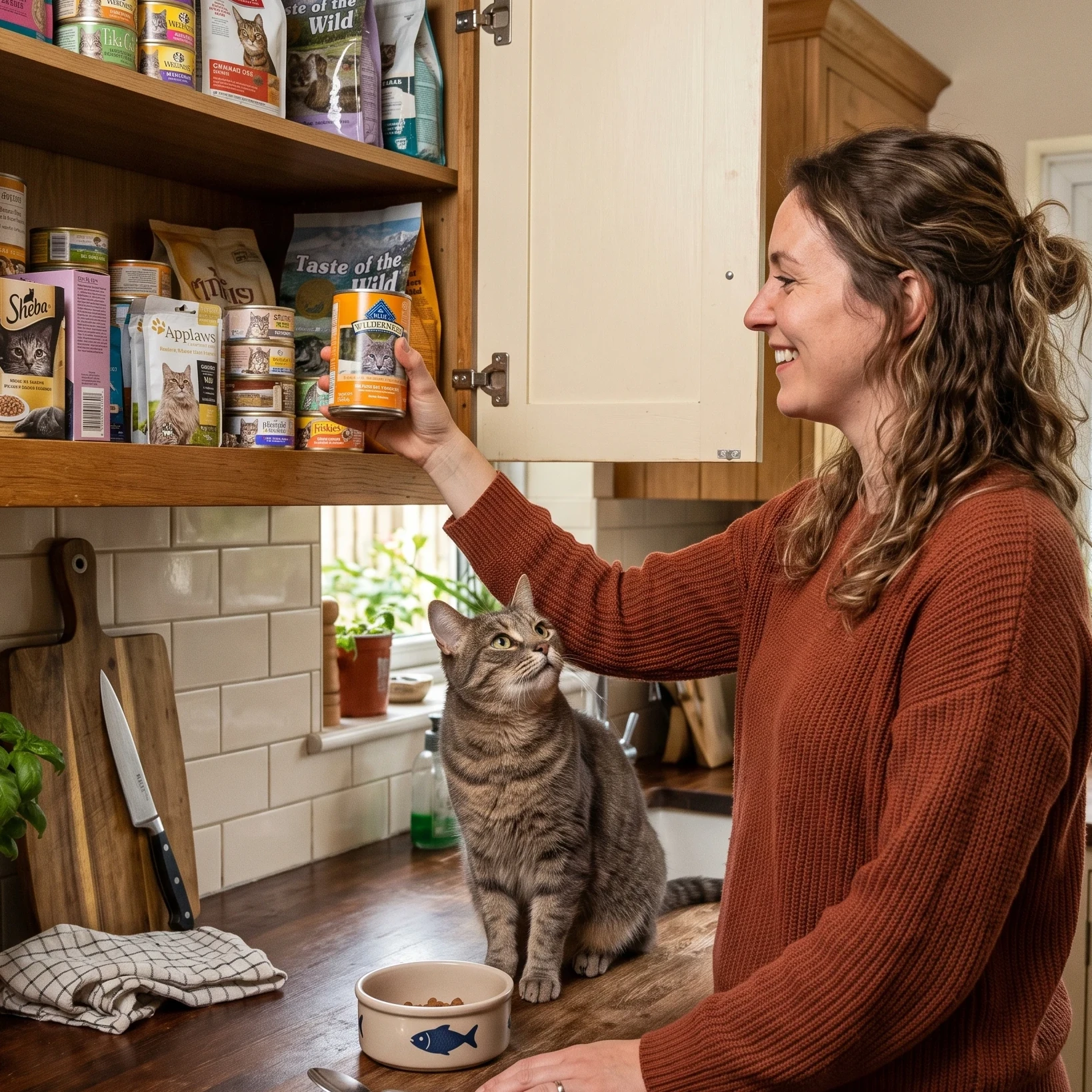 woman in the kitchen preparing her cat's meal