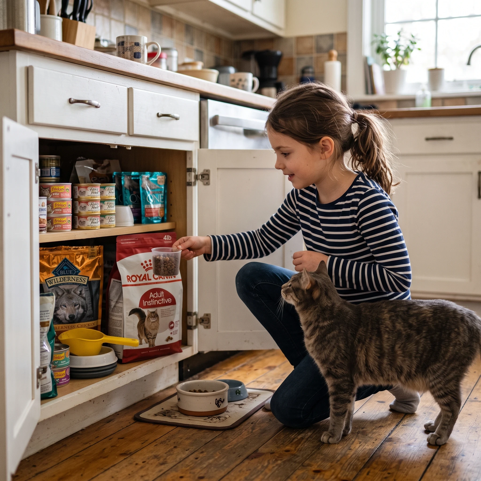 girl feeding her cat