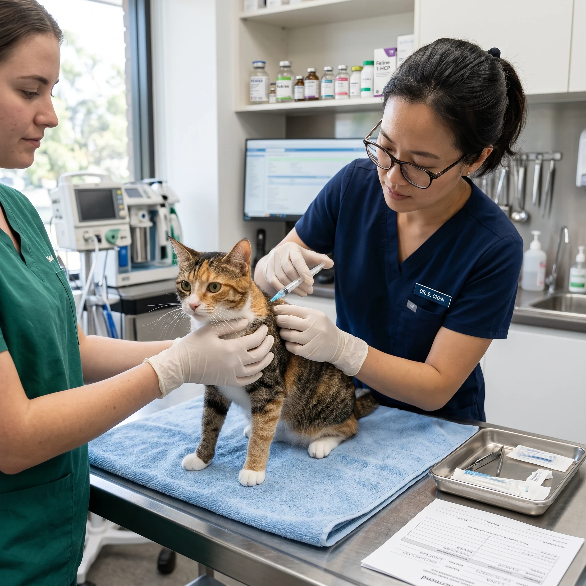 Cat getting a vaccine from the vet clinic
