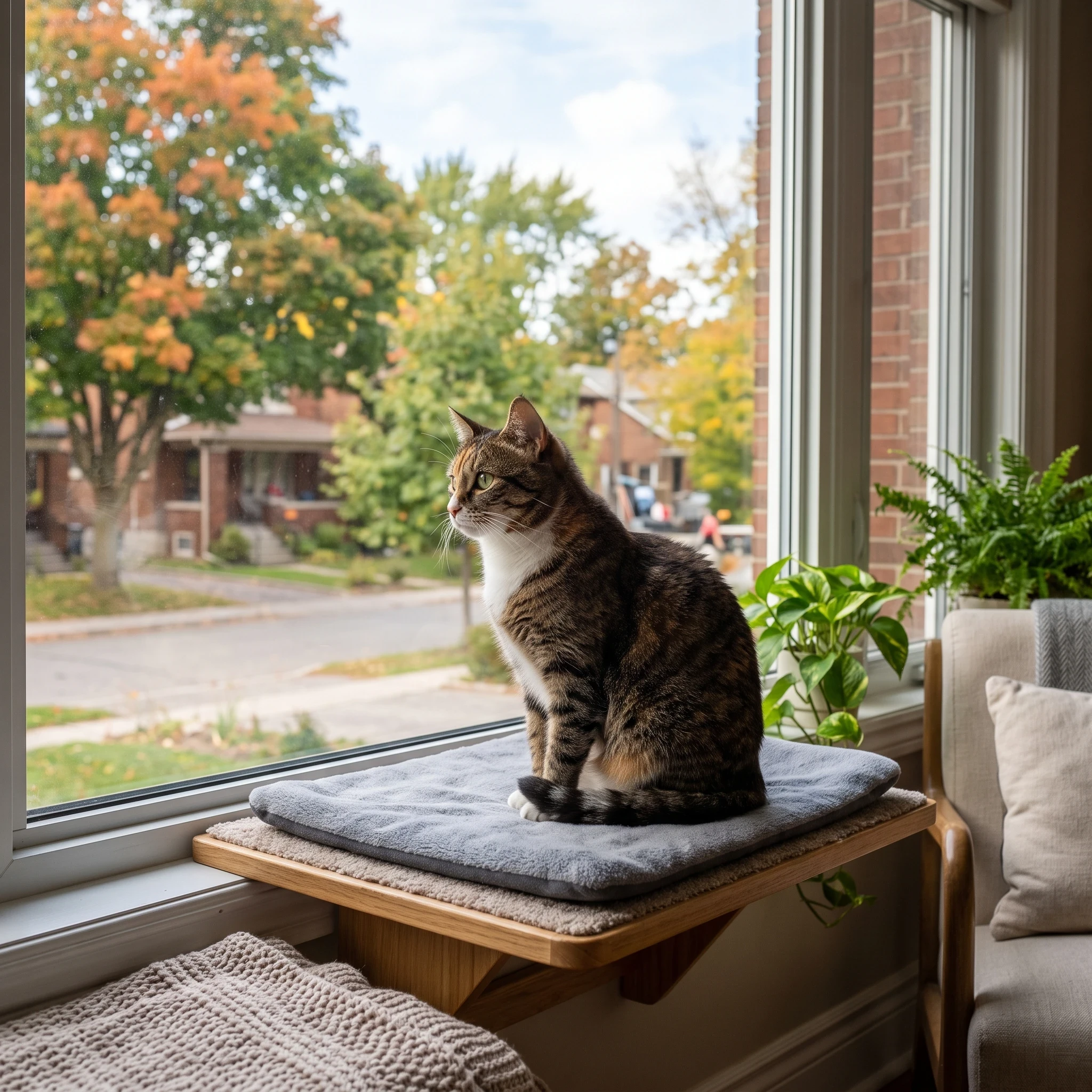 Indoor cat sitting on a window perch