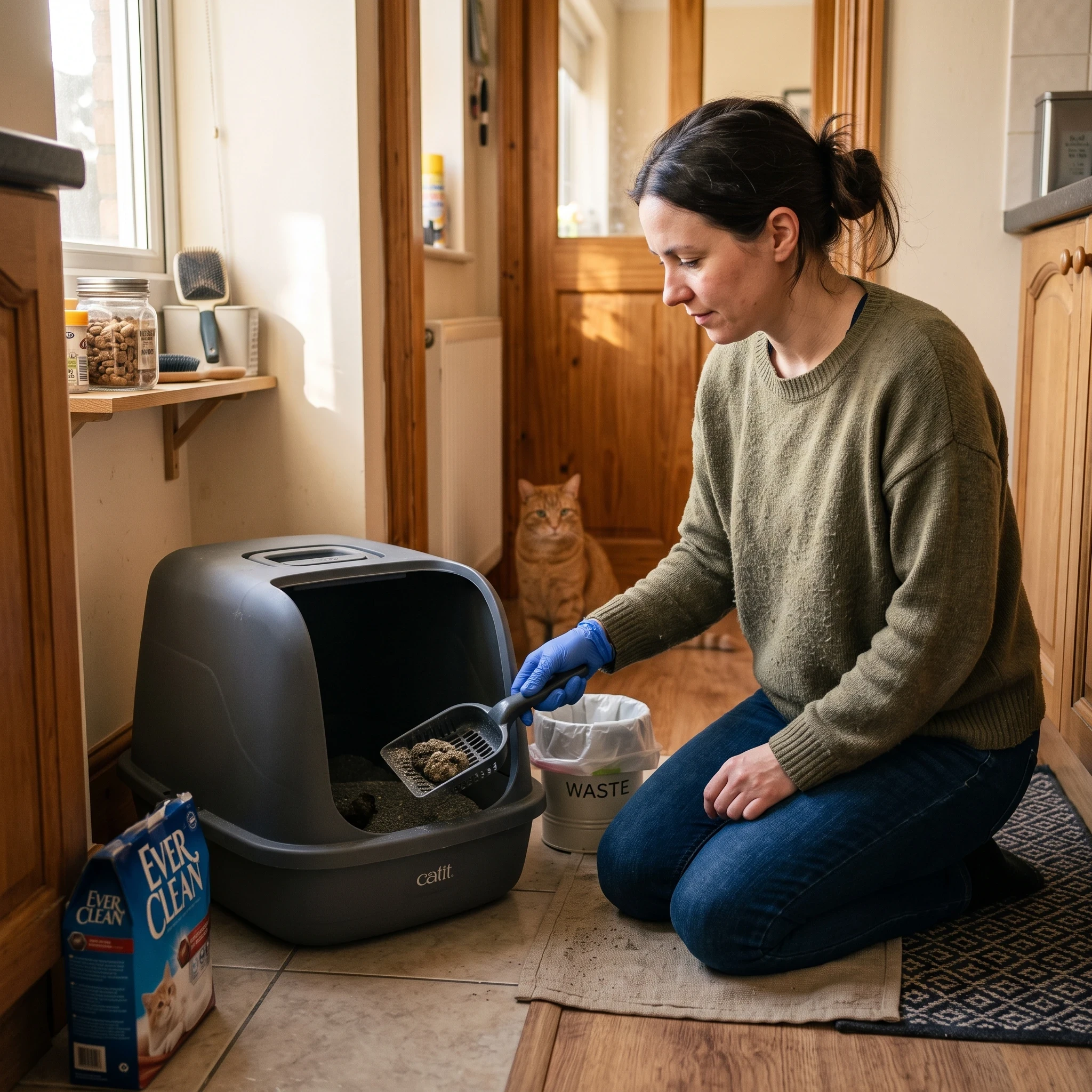 Woman scooping cat litterbox