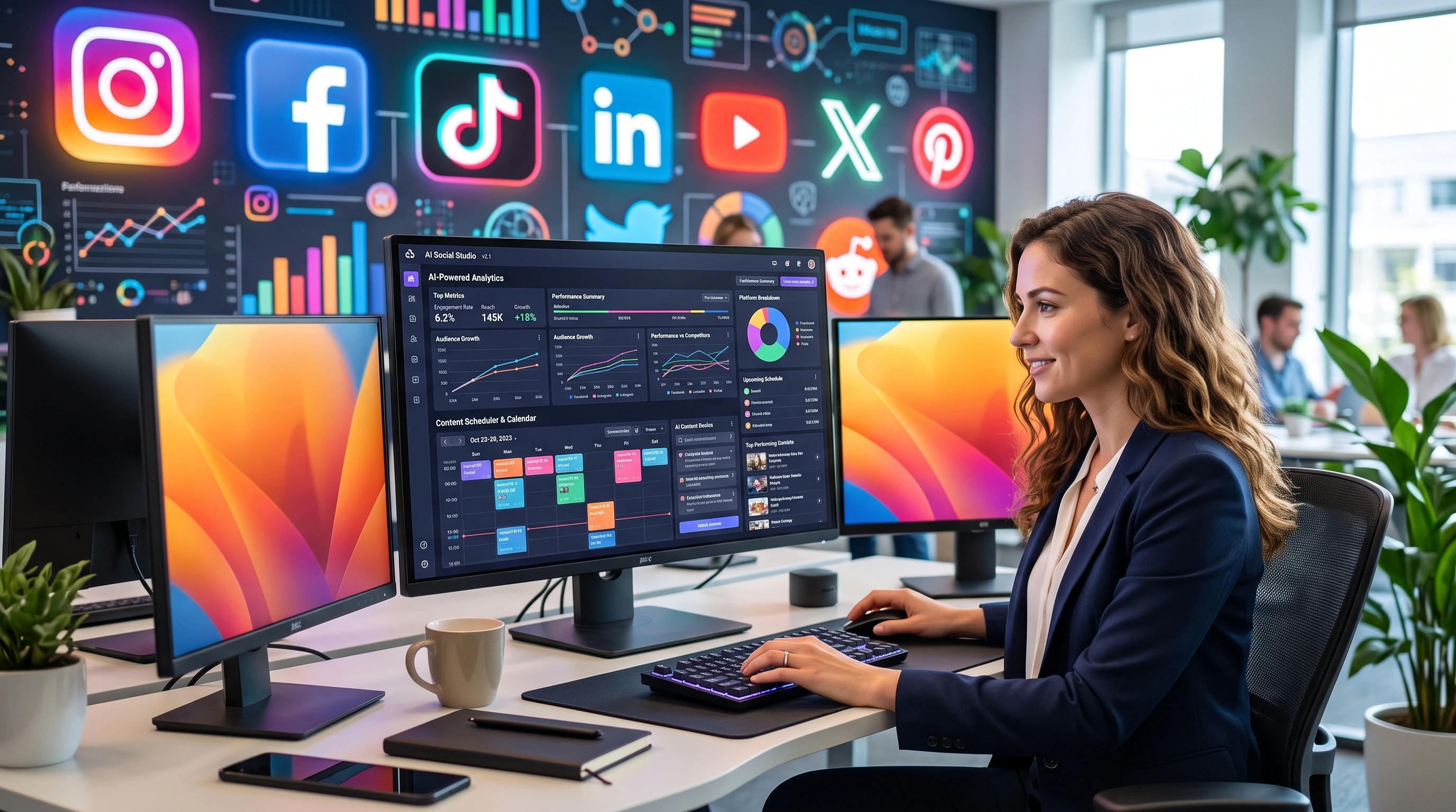 AI software dashboard with analytics and content scheduling on colorful screens