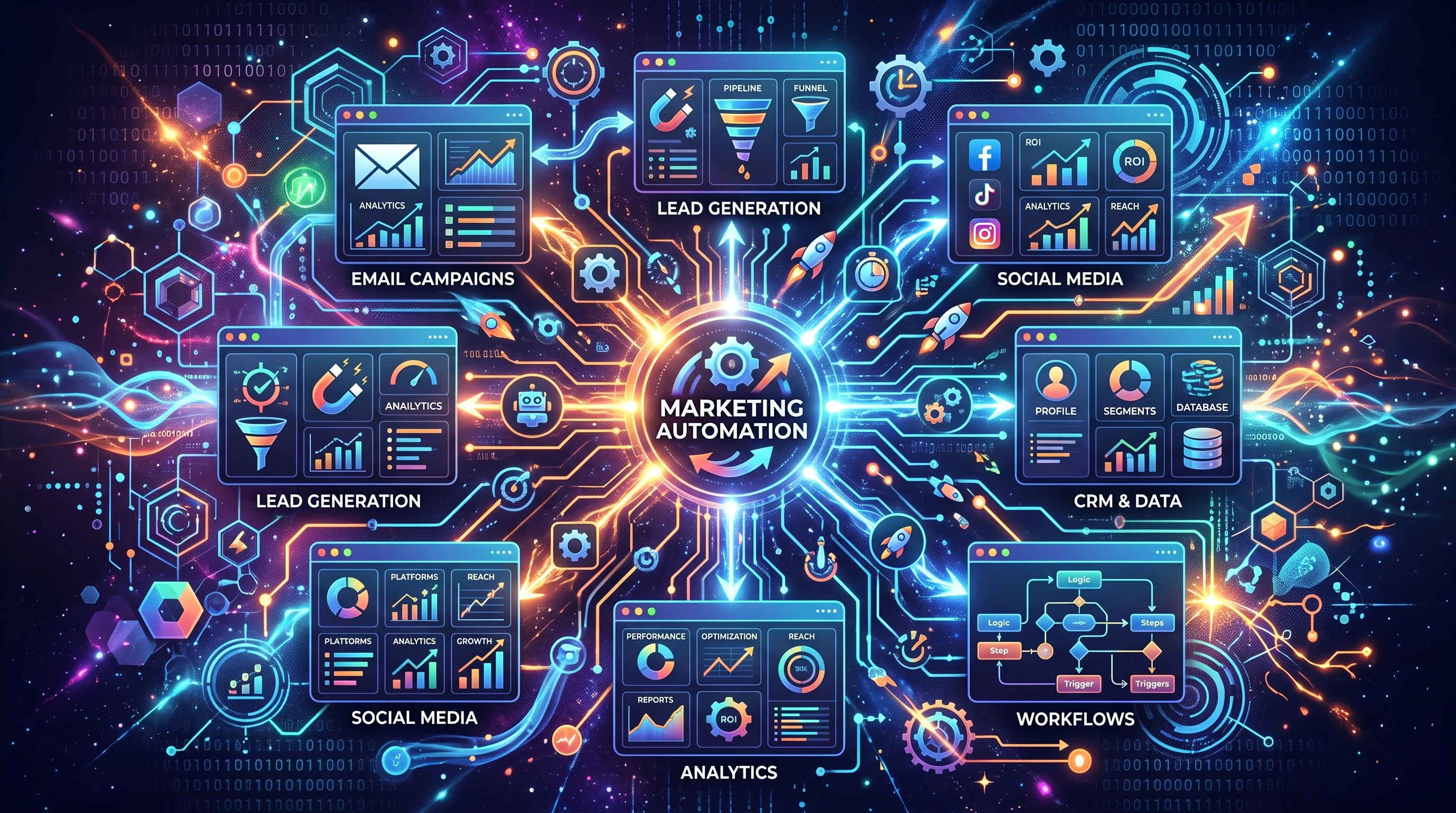 An abstract illustration of interconnected software dashboards and automation icons, symbolizing modern marketing automation tools at work.
