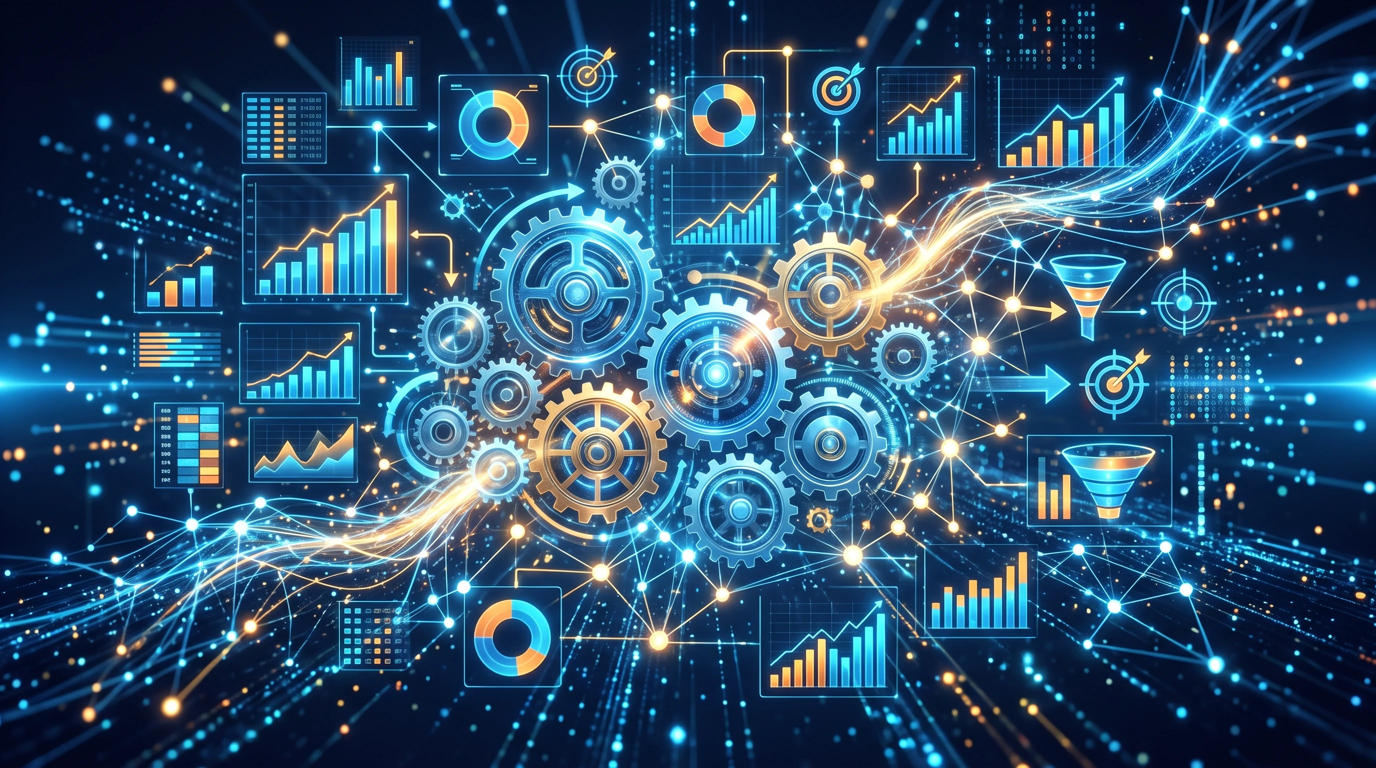 A conceptual image showing interconnected gears and graphs to represent AI-driven marketing automation tools.
