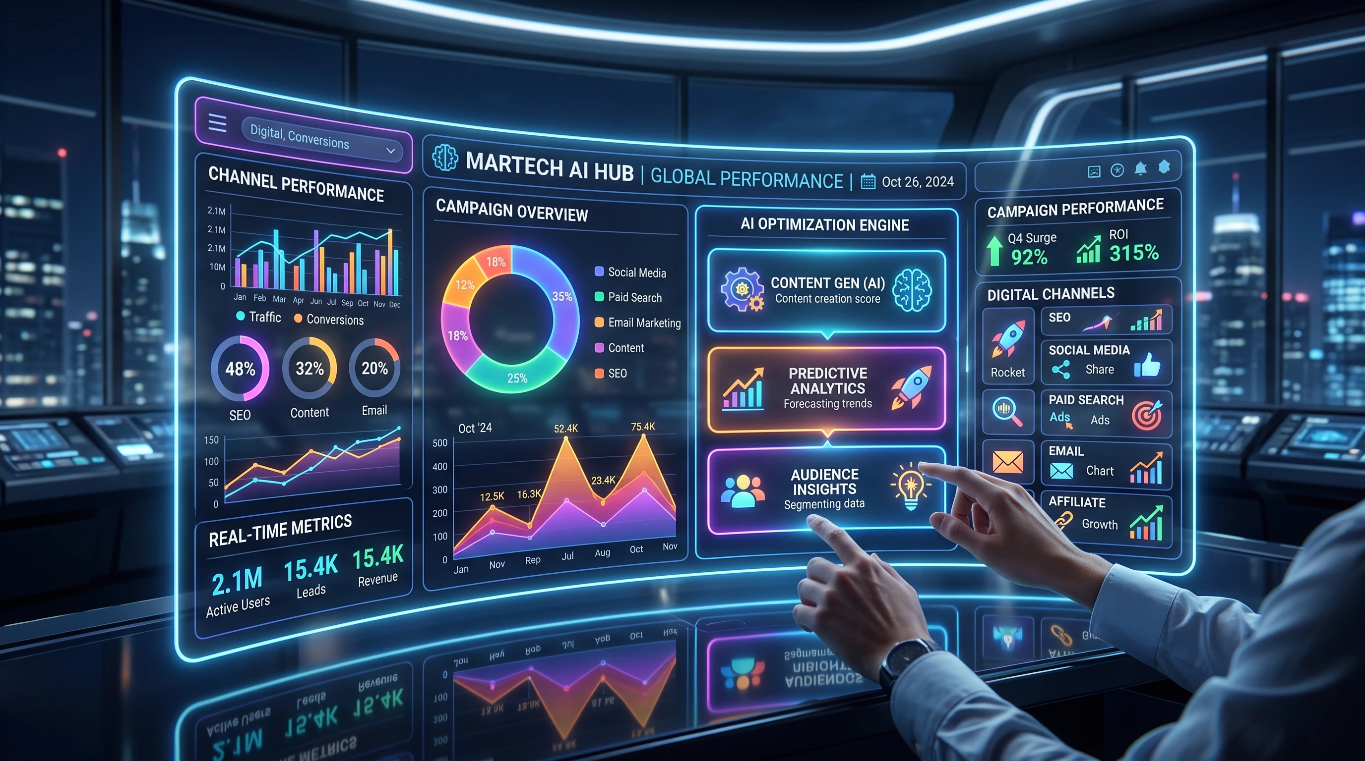 dashboard with charts and AI marketing tool icons