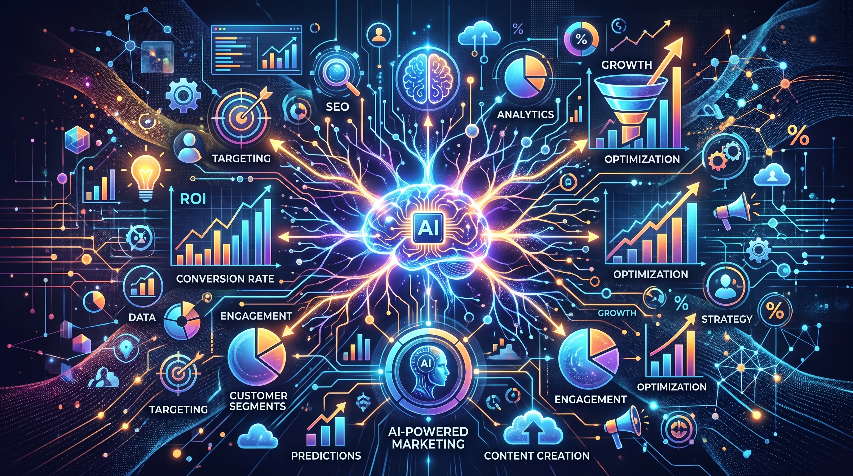 an abstract concept illustration of artificial intelligence in a marketing setting with charts, digital icons, and a glowing neural network