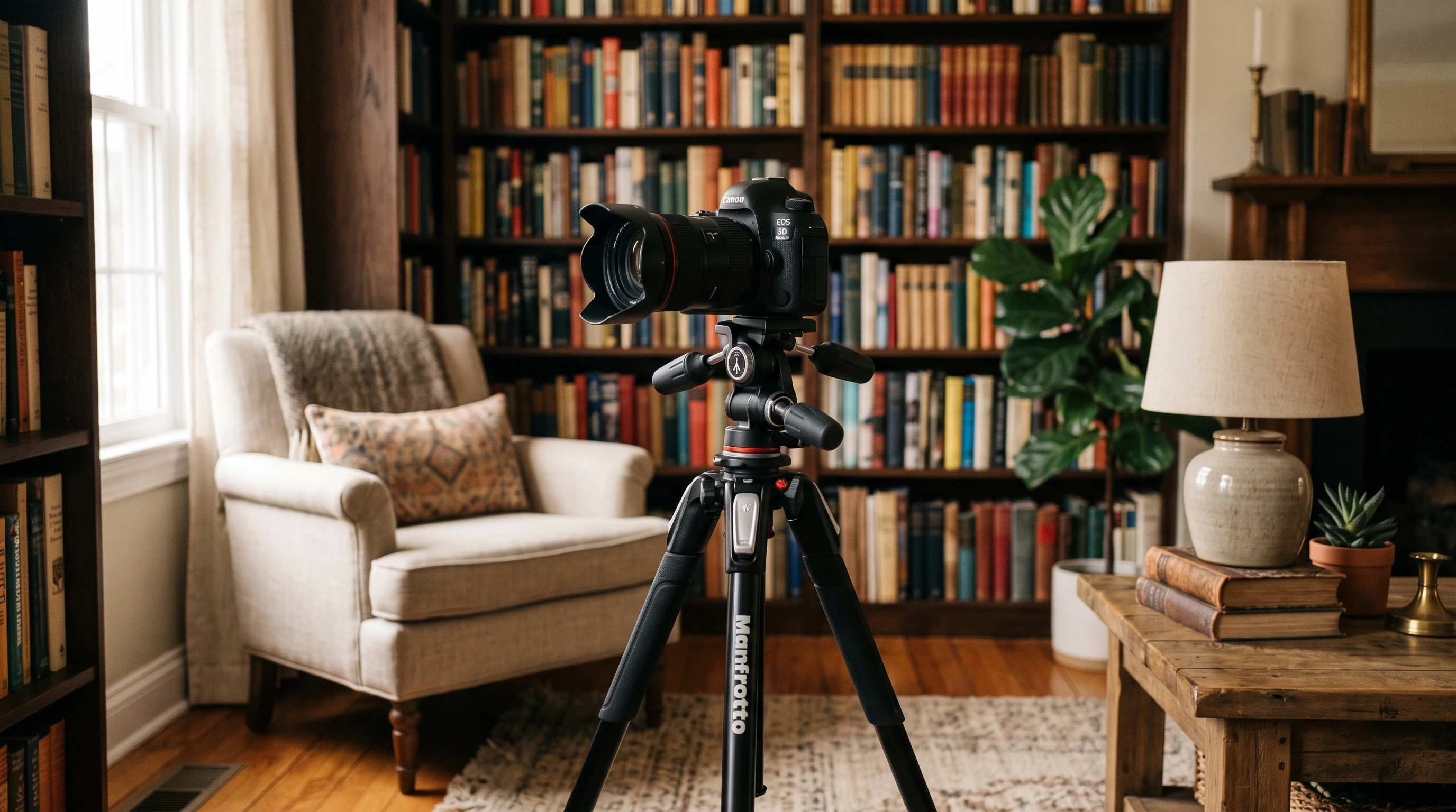 A DSLR camera set up indoors on a tripod, surrounded by ambient soft light, bookshelf in background