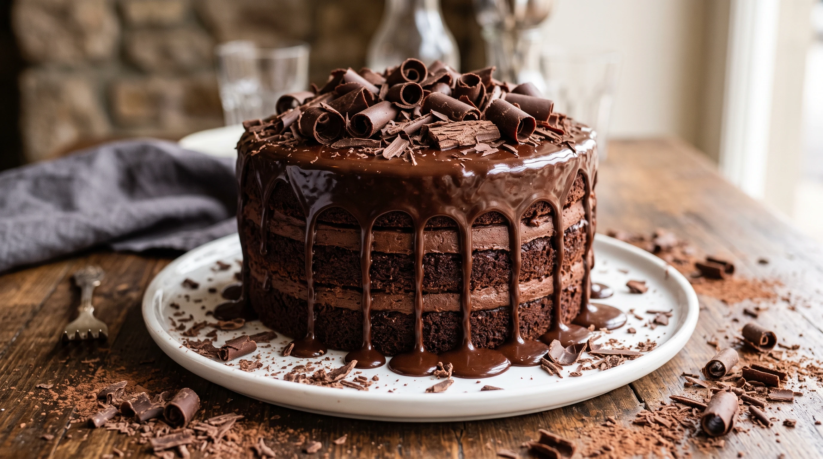 A decadent double chocolate layer cake on a simple white plate with chocolate shavings. Decadent, glossy ganache drips over the edges.