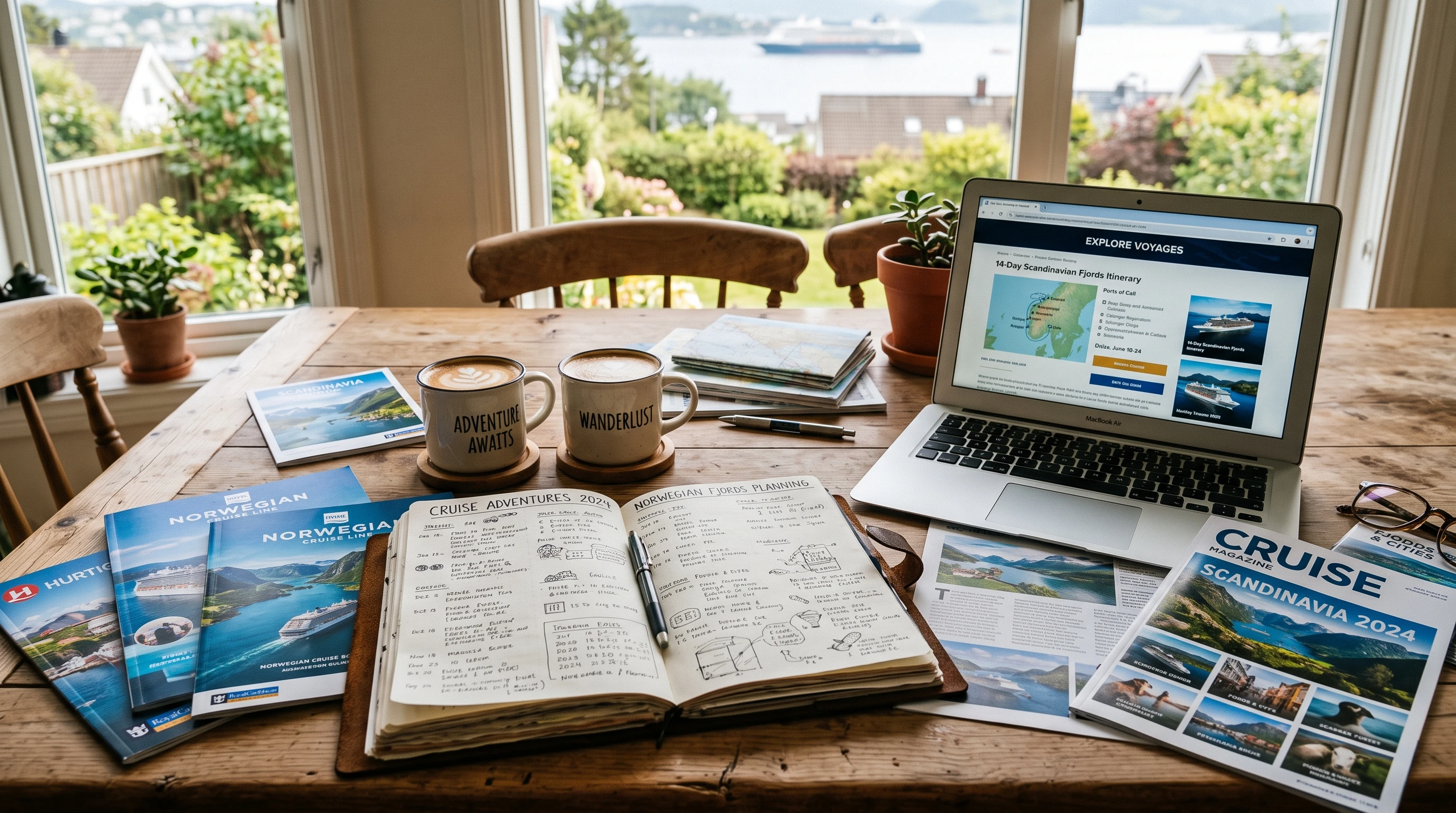 Middle-aged couple reviewing cruise planning notes on their kitchen table, surrounded by travel guides, notebooks, and a laptop. A cozy home interior is visible in the background.
