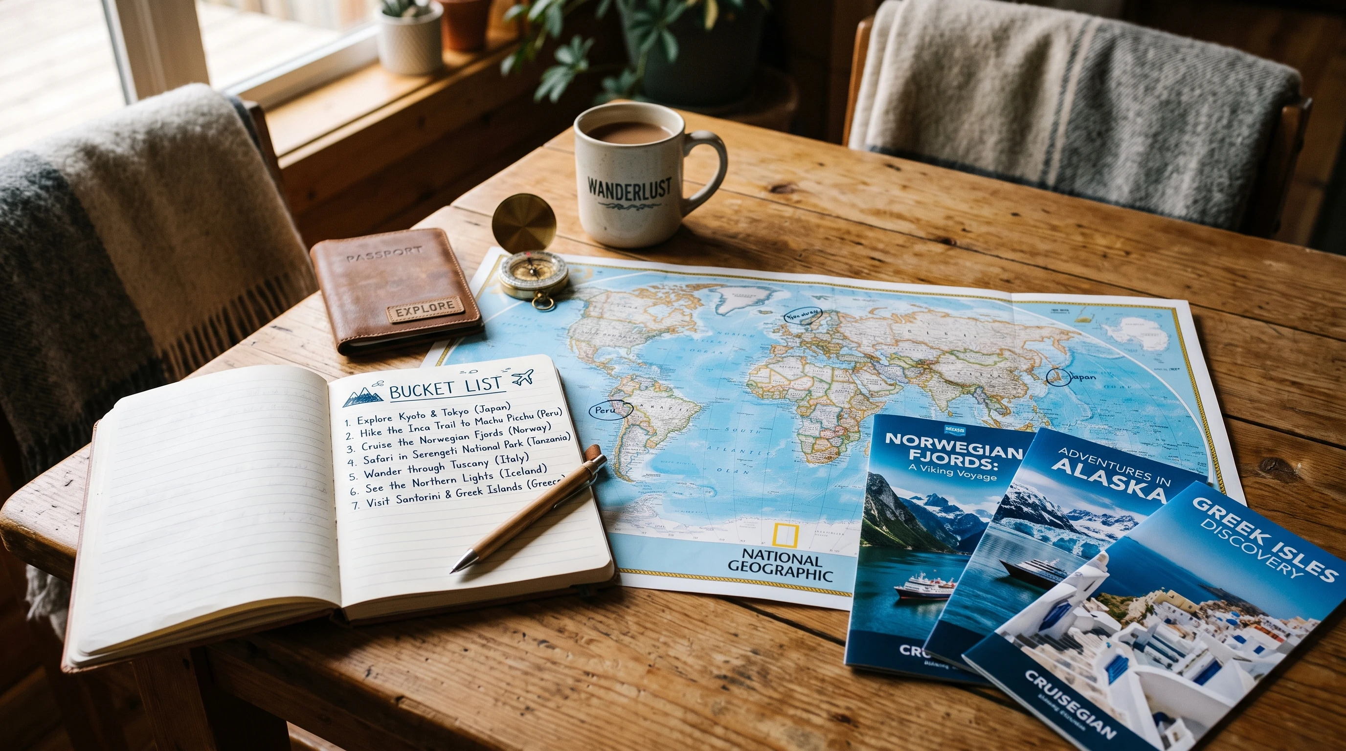 Cruise Itinerary Planning Tips, showing a map and travel brochures on a table