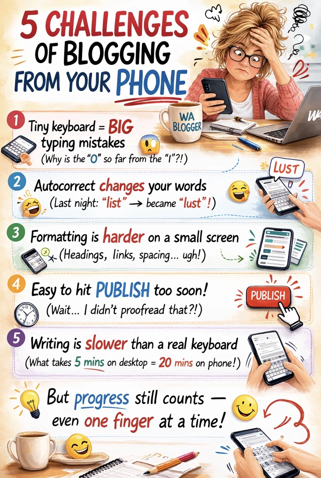 Infographic for 5 challenges of blogging on your phone